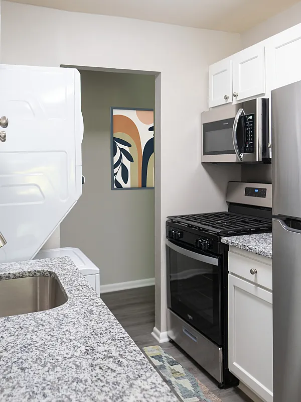 Modern kitchen featuring sleek stainless steel appliances, elegant granite countertops, and white cabinetry for a contemporary feel.