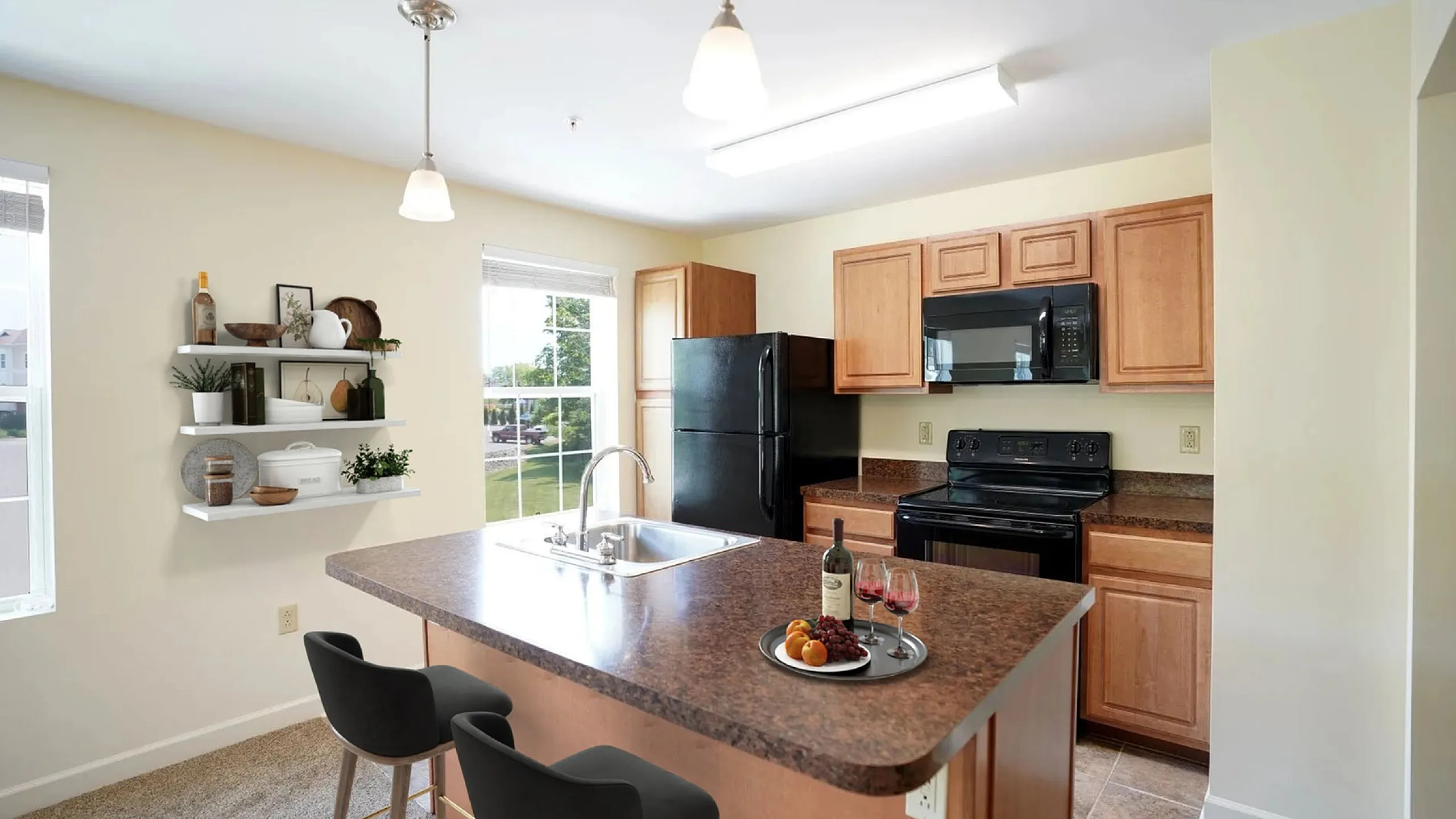 Chic modern kitchen with sleek breakfast bar, elegant open shelving, and stylish appliances, perfect for gourmet cooking and entertaining.