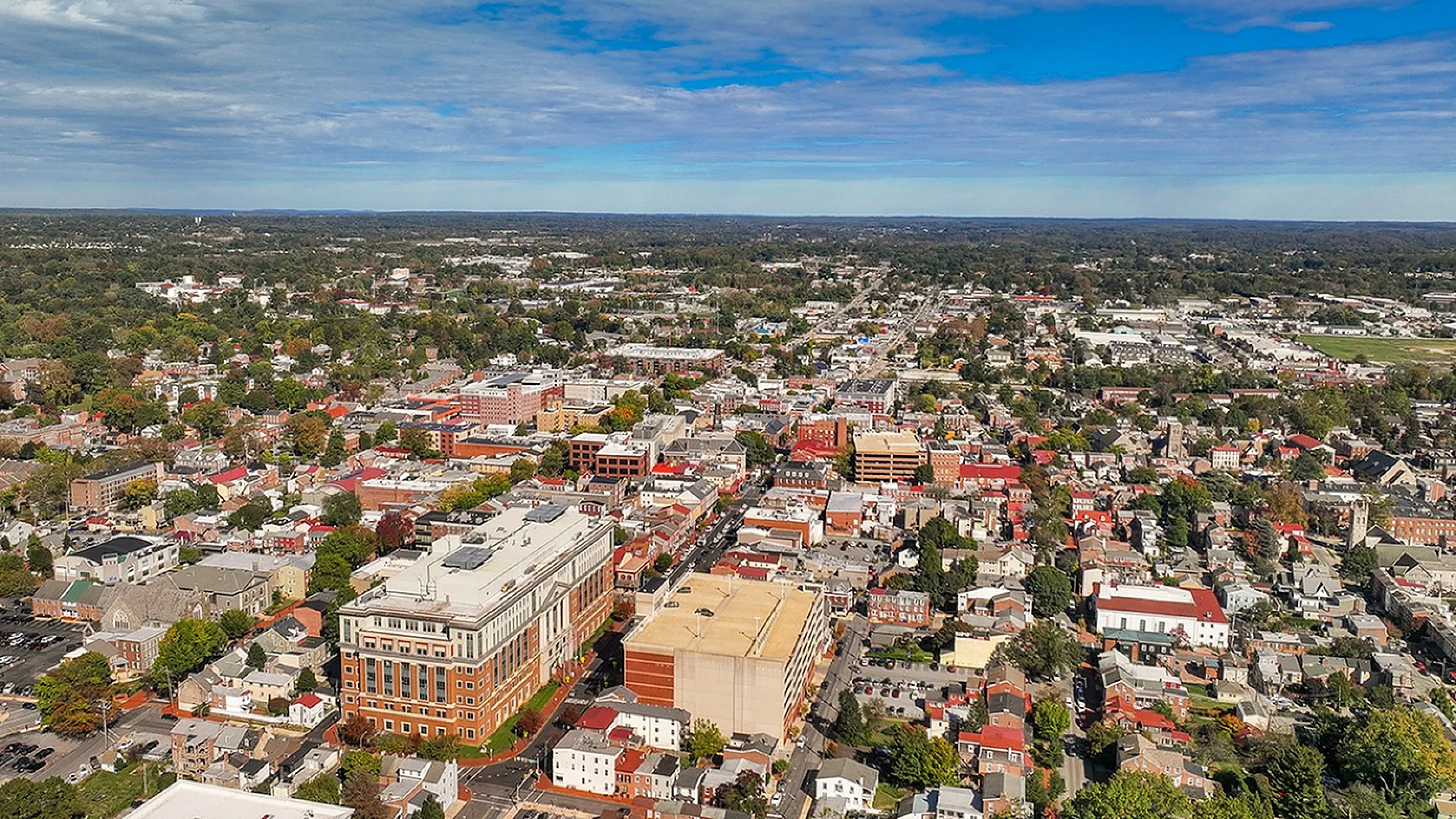 Vibrant aerial view of a bustling town with lush greenery, diverse architecture, and a bright blue sky overhead.