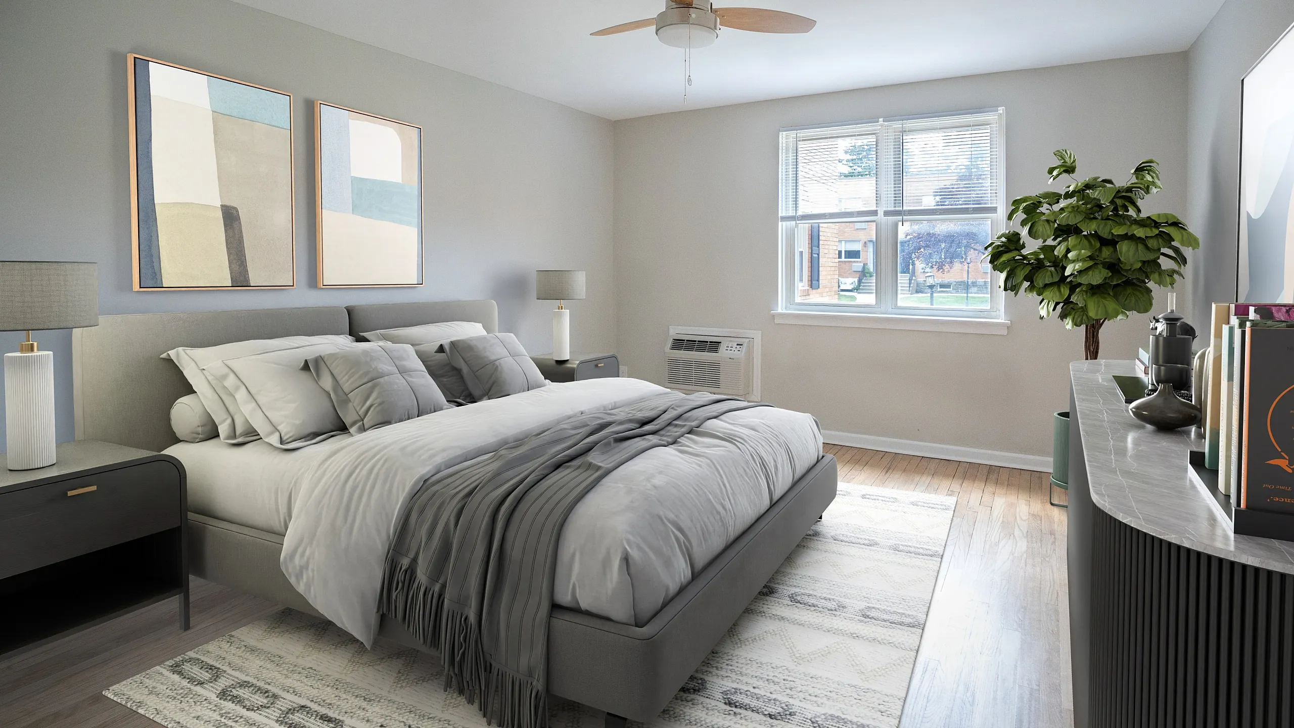 Elegant bedroom with modern decor, featuring a plush bed, abstract artwork, and large window overlooking a peaceful view.