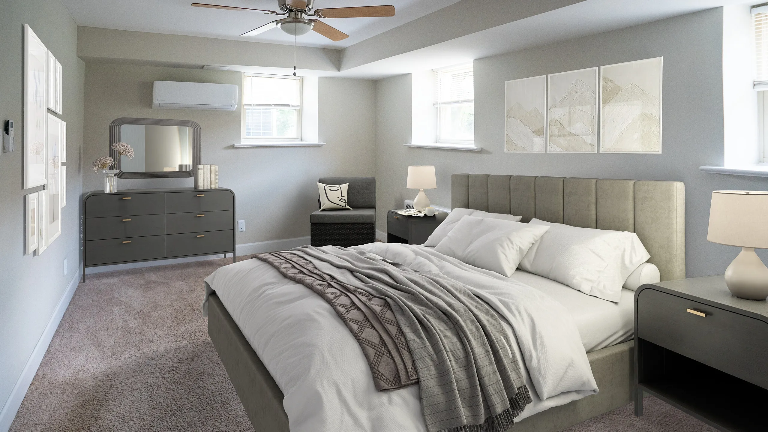 Elegant bedroom with plush carpet, stylish dresser, and cozy lighting, accented by soft gray tones and chic decor.