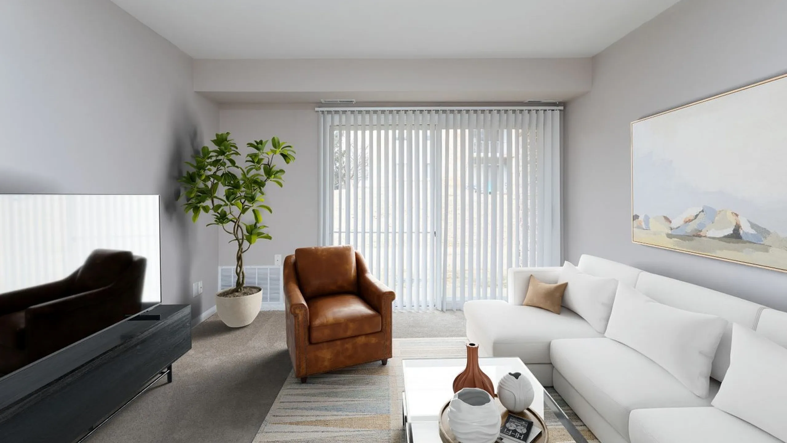 Elegant living room with a modern white sofa, cozy brown armchair, and stylish decor, featuring a large TV and natural light through vertical blinds.