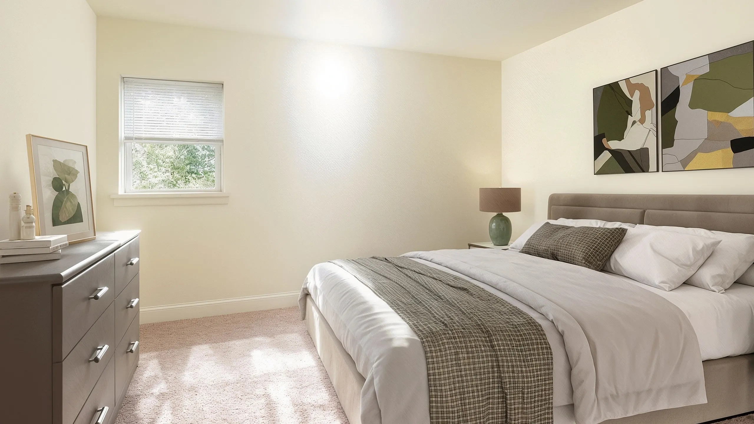 Bright and cozy bedroom with modern decor, inviting natural light through a window and featuring elegant artwork above a comfortable bed.