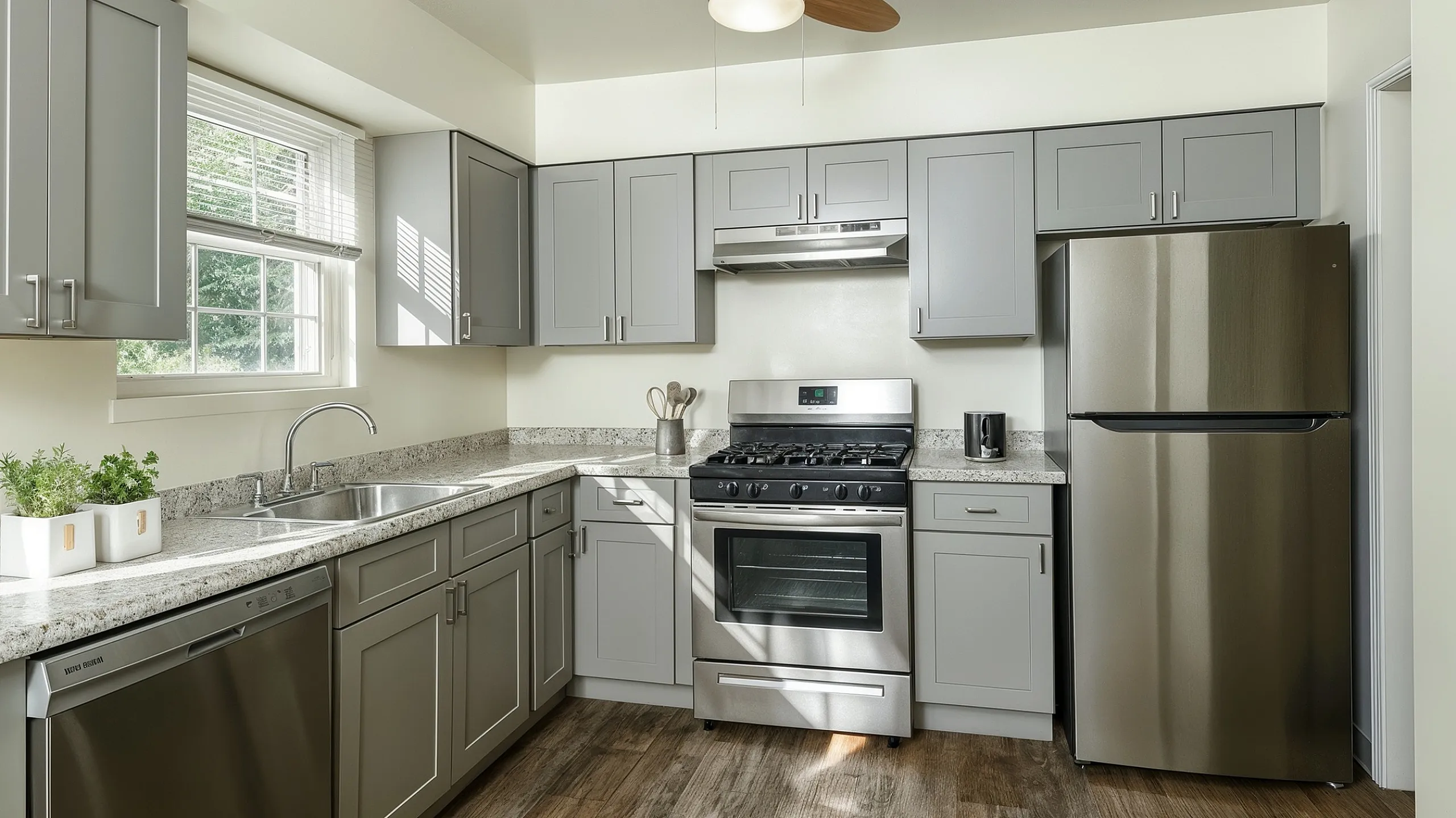 Charming modern kitchen with sleek grey cabinets, stainless steel appliances, and elegant wooden floors. Perfect for culinary enthusiasts seeking sophistication and functionality.