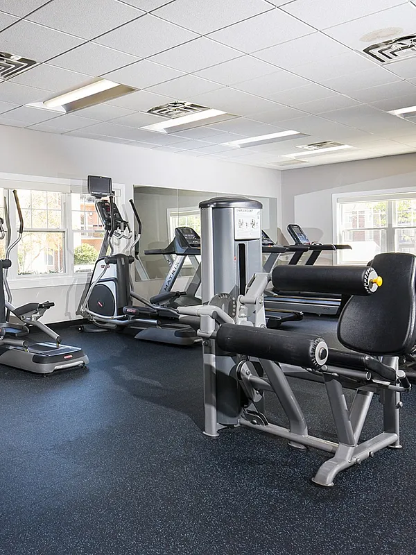Modern fitness center with state-of-the-art exercise equipment, bright natural lighting, and spacious layout.
