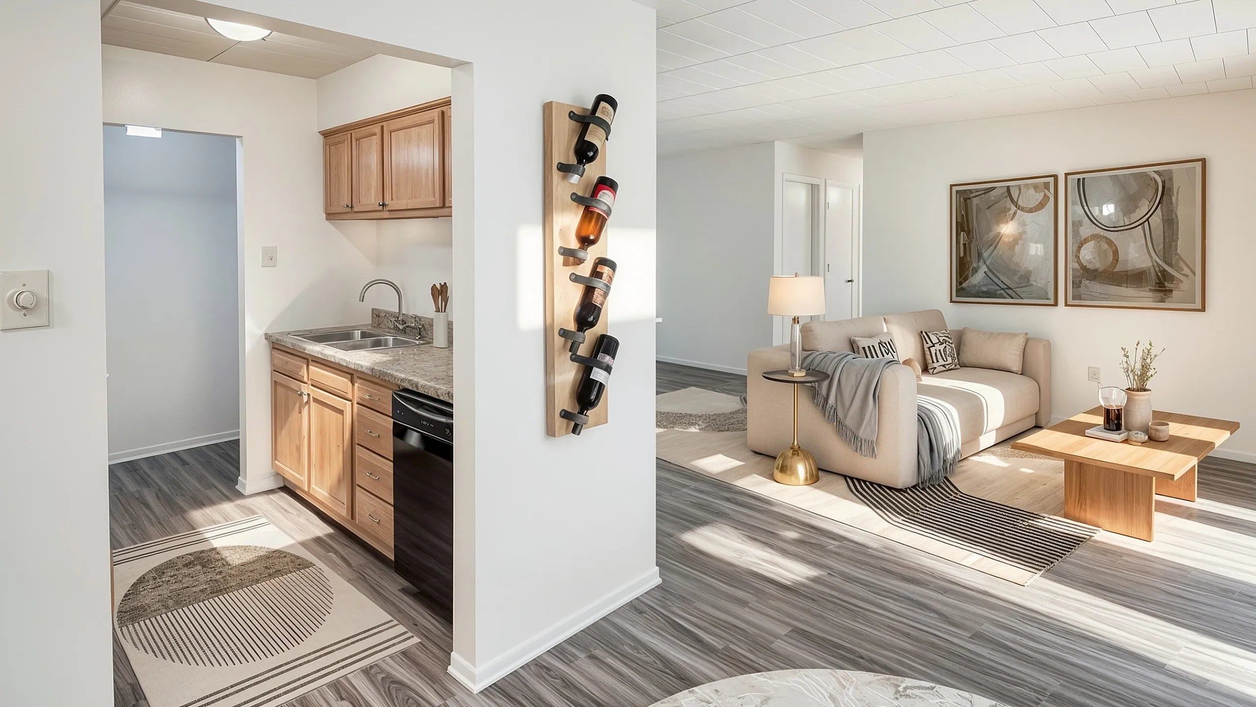 Inviting apartment interior showcasing a cozy living room, elegant kitchen with wood cabinetry, and stylish decor, perfect for modern living.