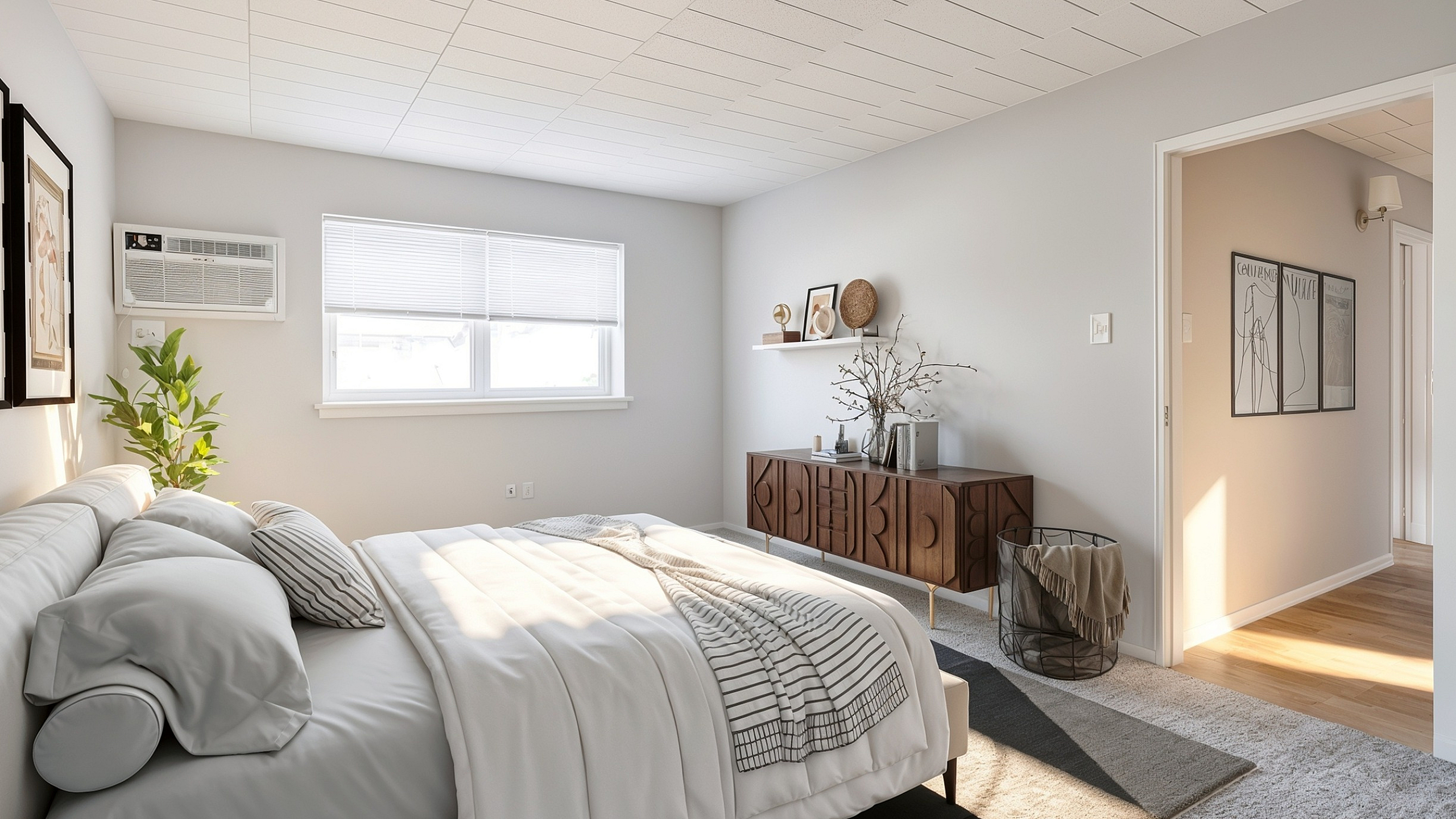 Bright and modern bedroom featuring a cozy bed with striped bedding, elegant dresser, and stylish wall art, bathed in natural light.