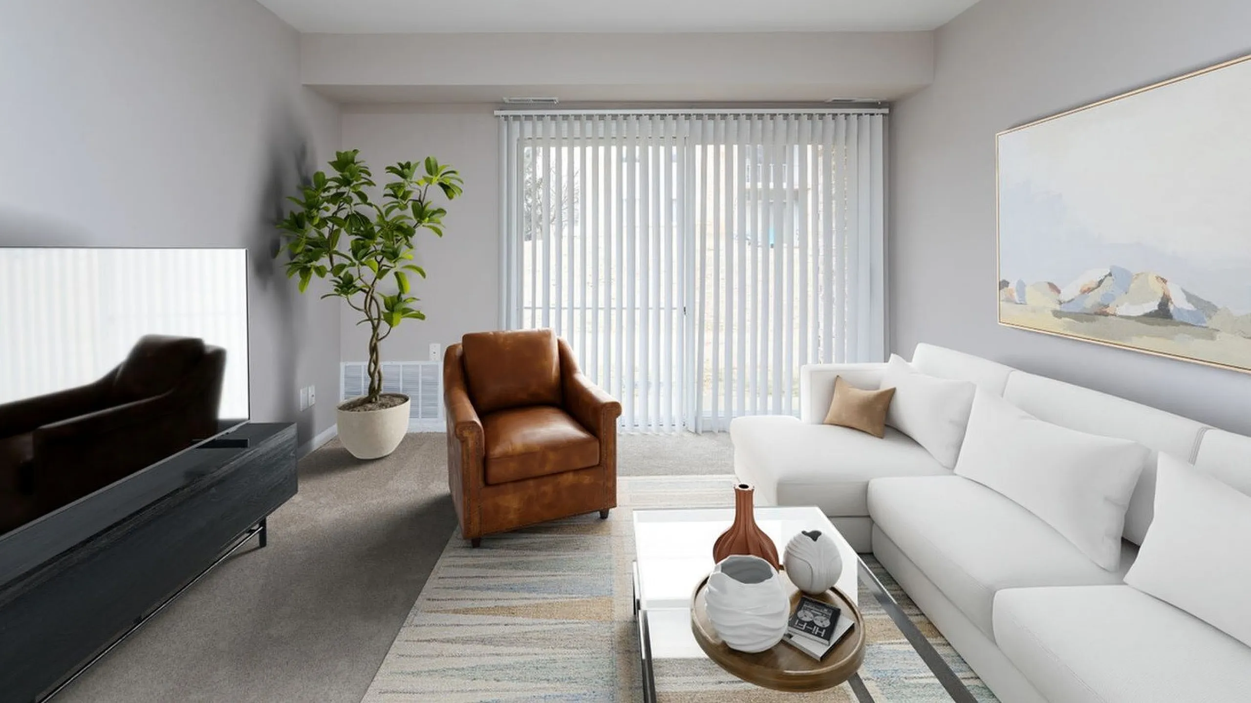 Bright and inviting living room with a cozy white sectional sofa, elegant brown armchair, and modern glass coffee table adorned with decorative vases. Floor-to-ceiling windows with vertical blinds provide ample natural light, highlighting t