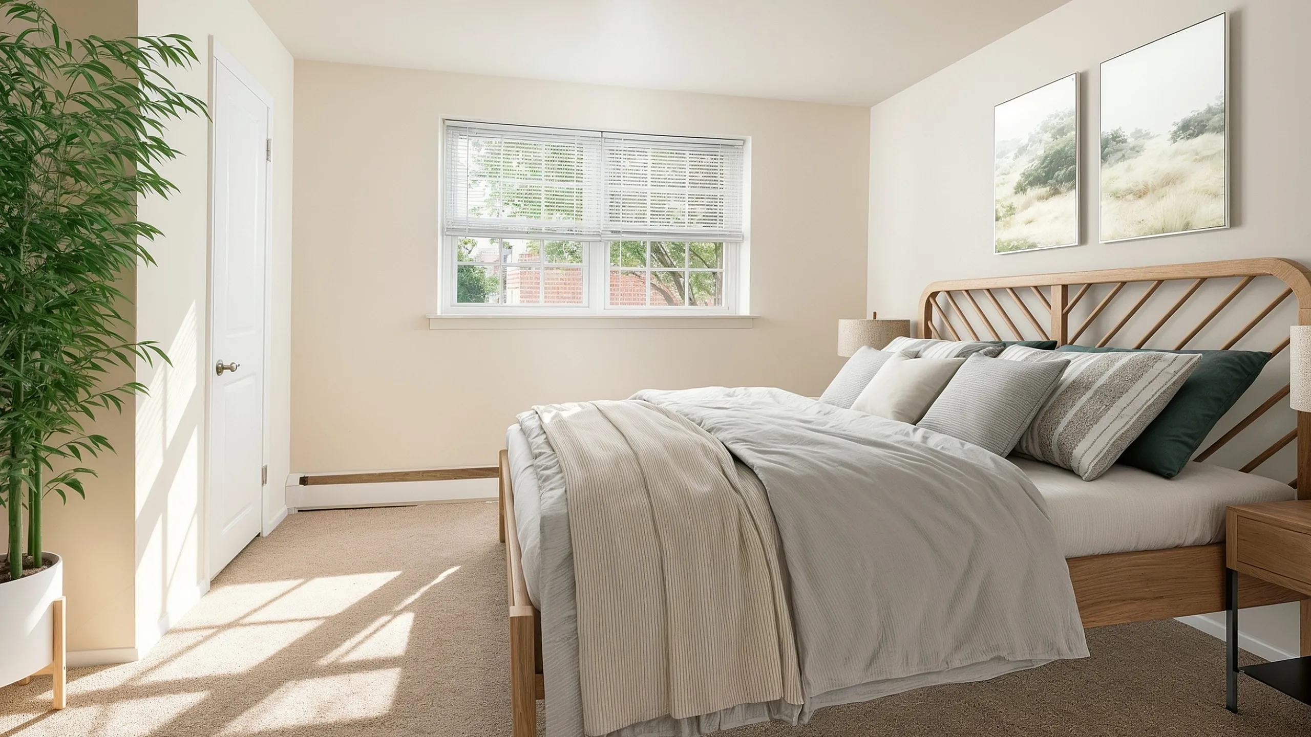 Bright and serene bedroom with modern wooden bed, soft linens, and lush leafy plant, creating a cozy and inviting atmosphere.