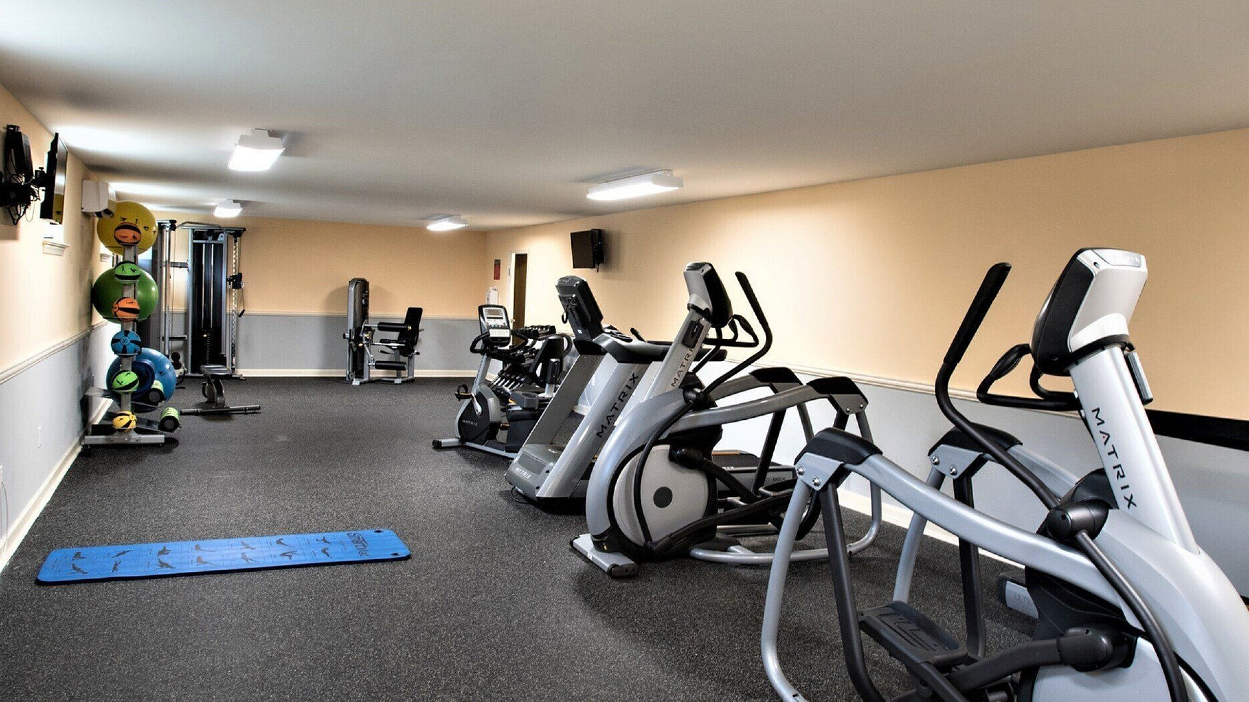 Modern gym with state-of-the-art exercise machines, vibrant yoga mats, and colorful exercise balls for a perfect fitness experience.