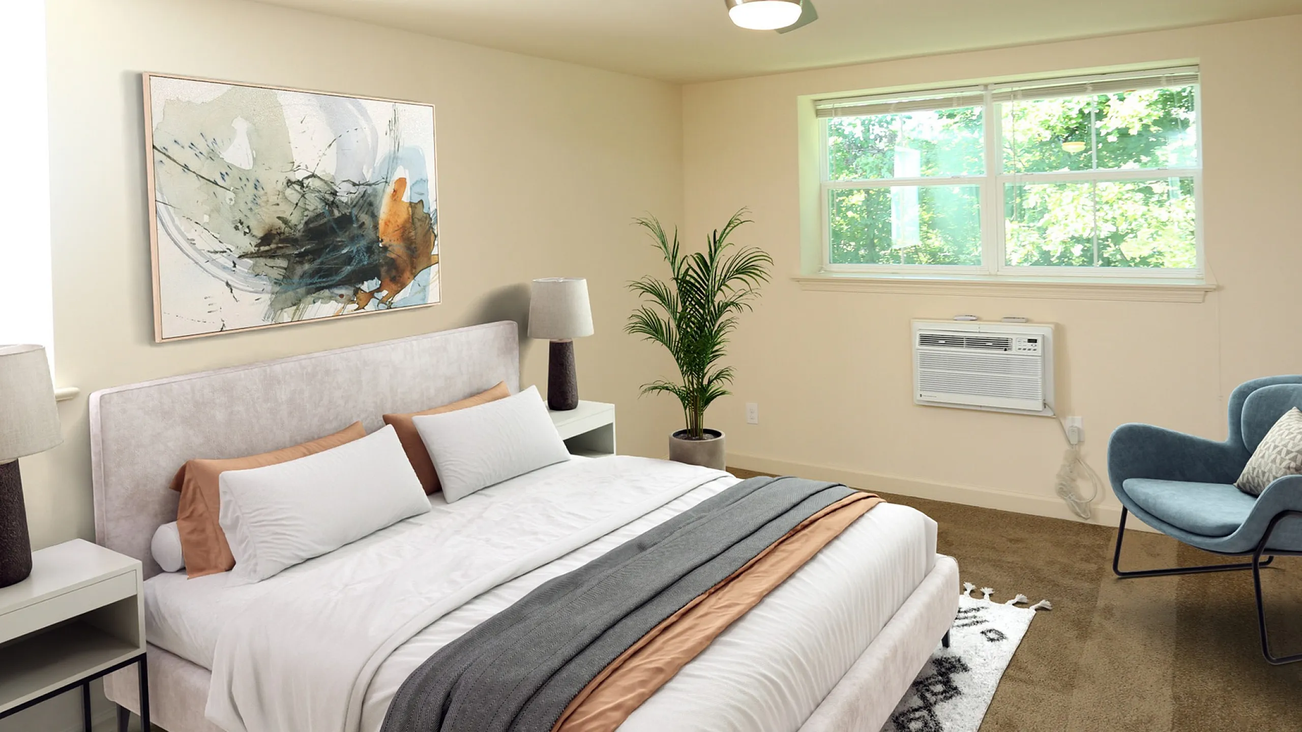 Bright and inviting bedroom with modern decor, cozy bed, large window, and elegant artwork.