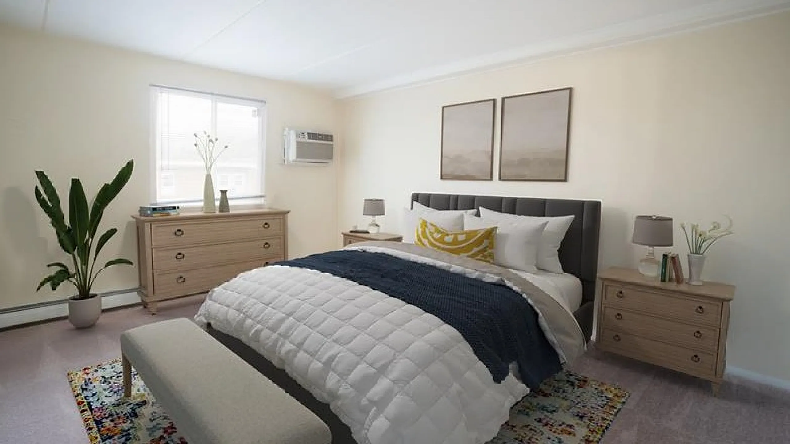 Elegant bedroom with cozy atmosphere, featuring a plush bed, stylish gray headboard, and vibrant artwork. Bright natural light fills the room, complemented by tasteful decor and a touch of greenery.