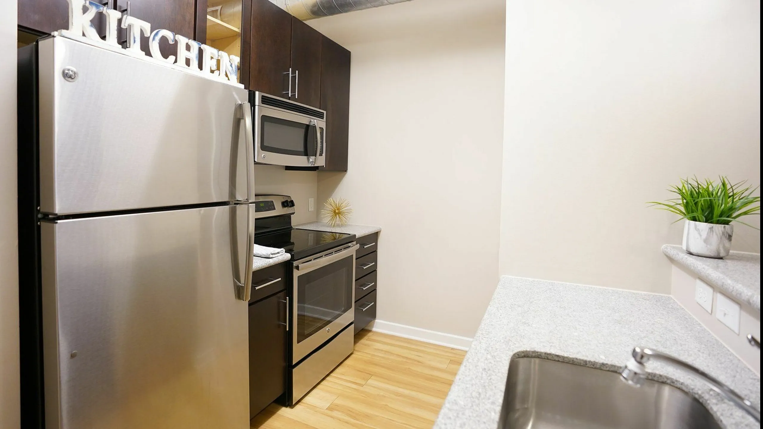 Chic modern kitchen with stainless steel appliances, sleek dark cabinets, and light hardwood flooring.