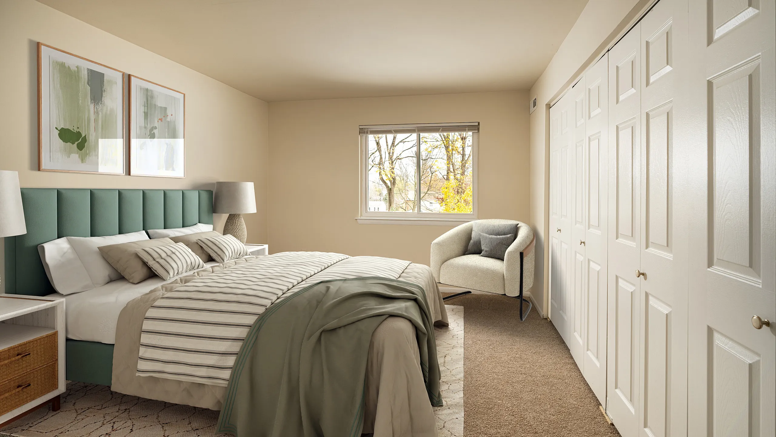 Elegant bedroom with plush bed, stylish decor, abundant natural light, and ample closet space.