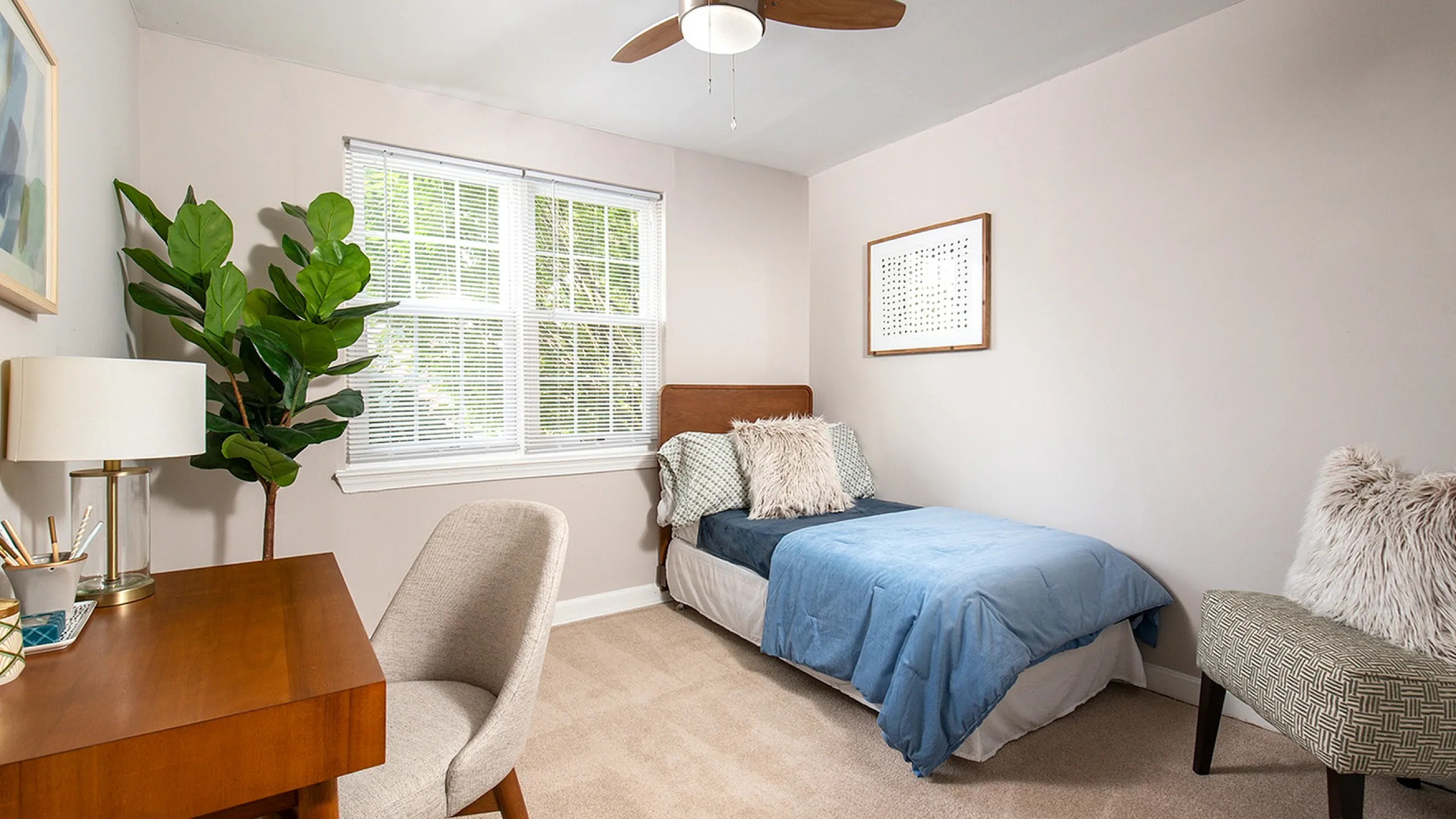 Bright and cozy bedroom featuring a single bed with plush pillows, stylish desk, and elegant ceiling fan, bathed in natural light from large windows.