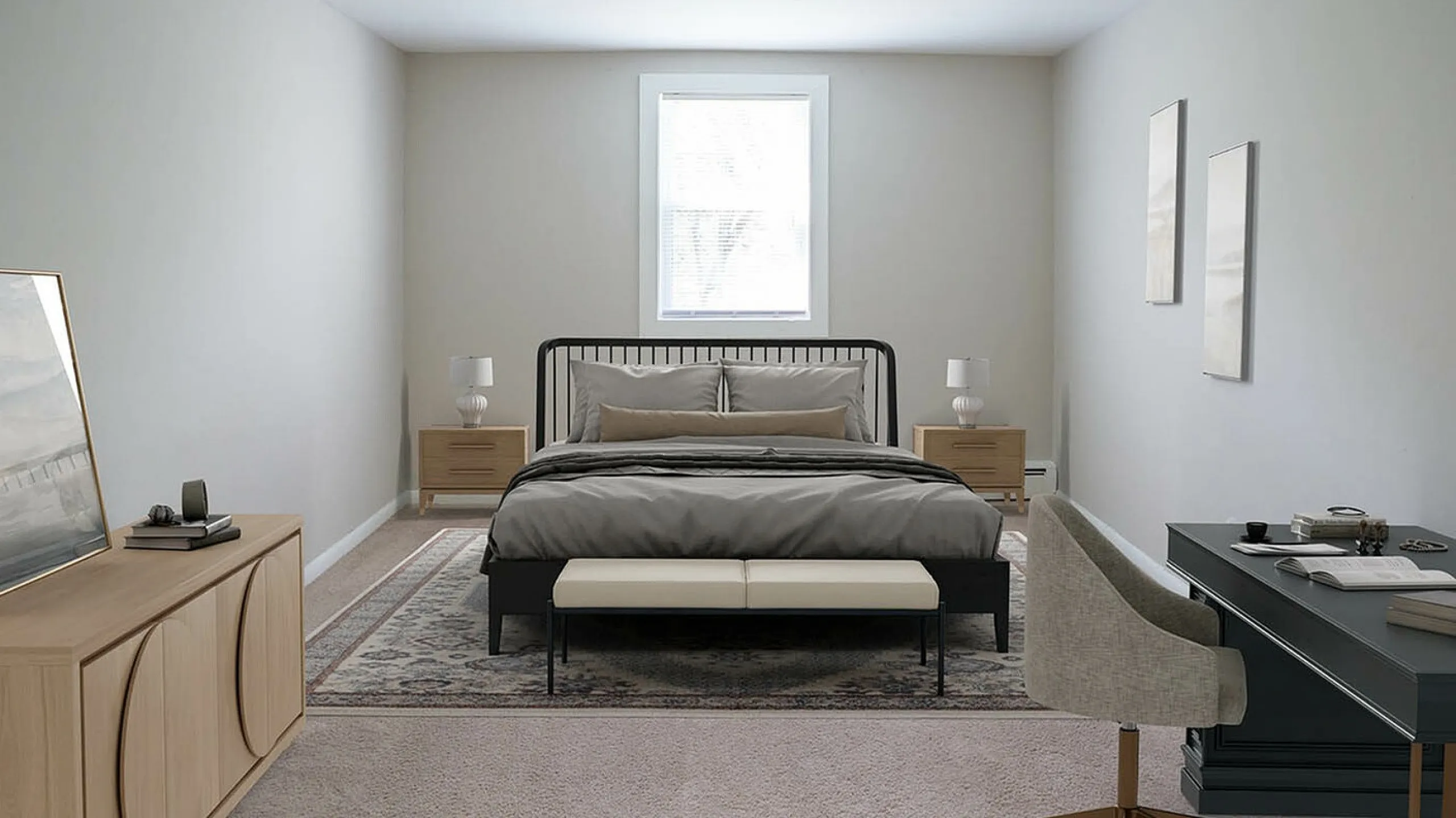 Elegant and spacious bedroom featuring a stylish bed, modern sleek desk, and ample natural light.