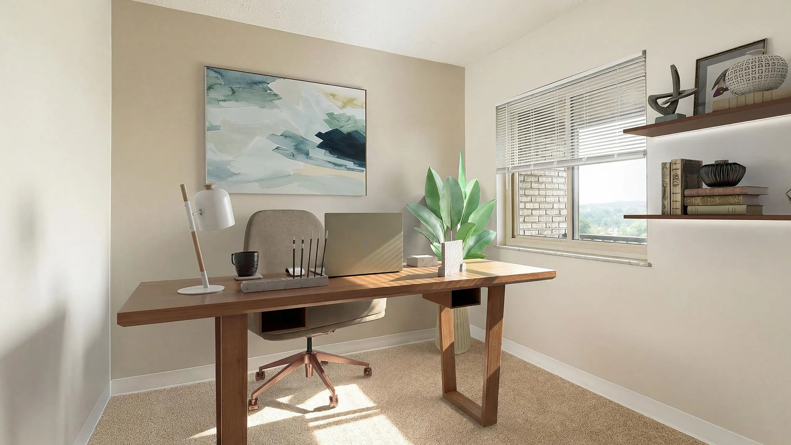 Bright and inviting home office featuring modern wooden desk, ergonomic chair, and large window with scenic views.