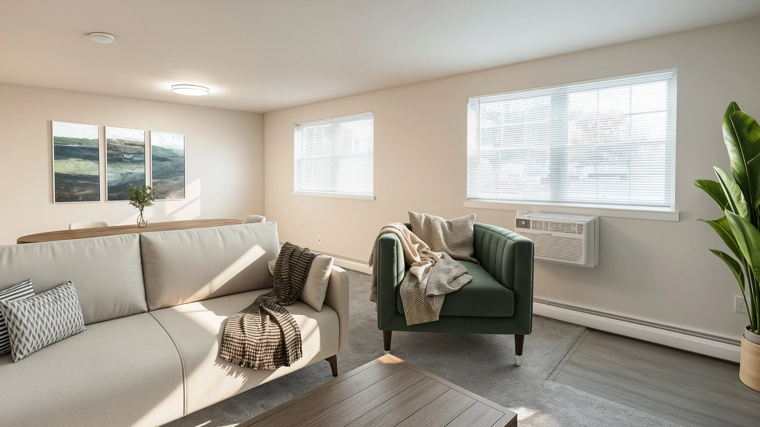 Bright and inviting living room with modern decor, featuring a cozy white sofa, chic green armchair, and elegant wooden coffee table, complemented by large windows and stylish wall art.