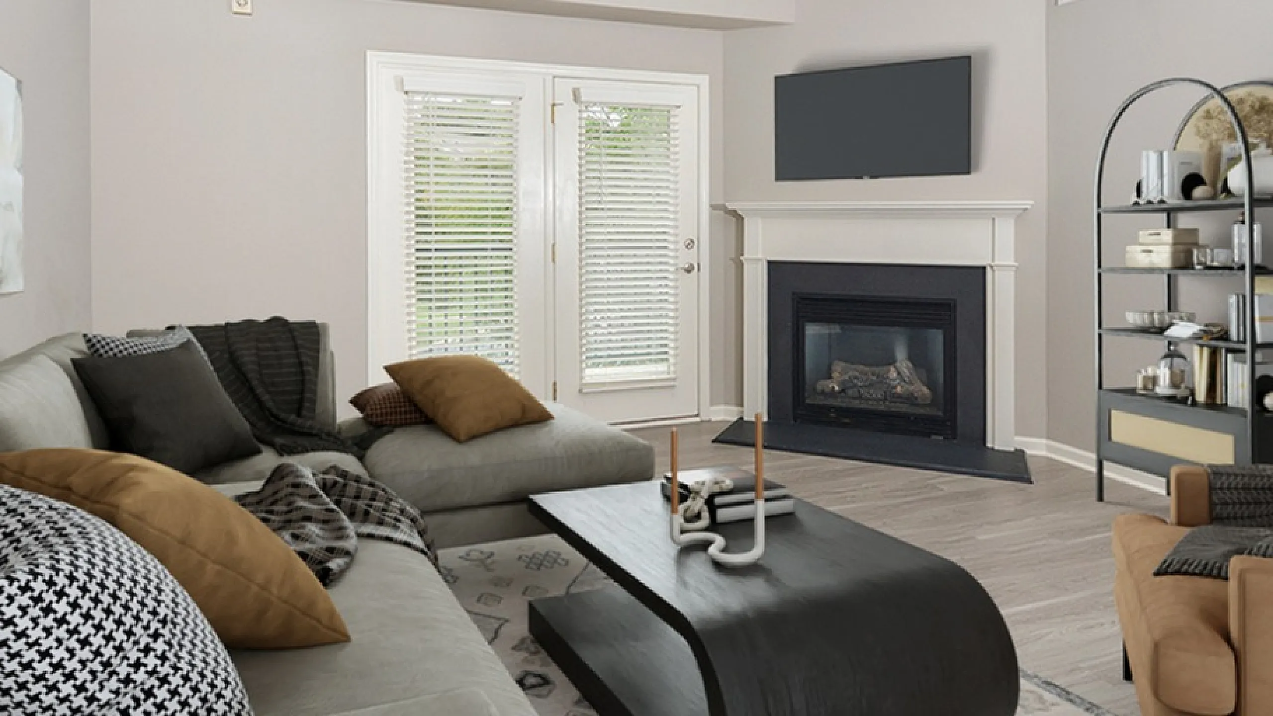 Chic and cozy living room with a contemporary sectional sofa, modern coffee table, and stylish fireplace, perfect for relaxation and entertaining.