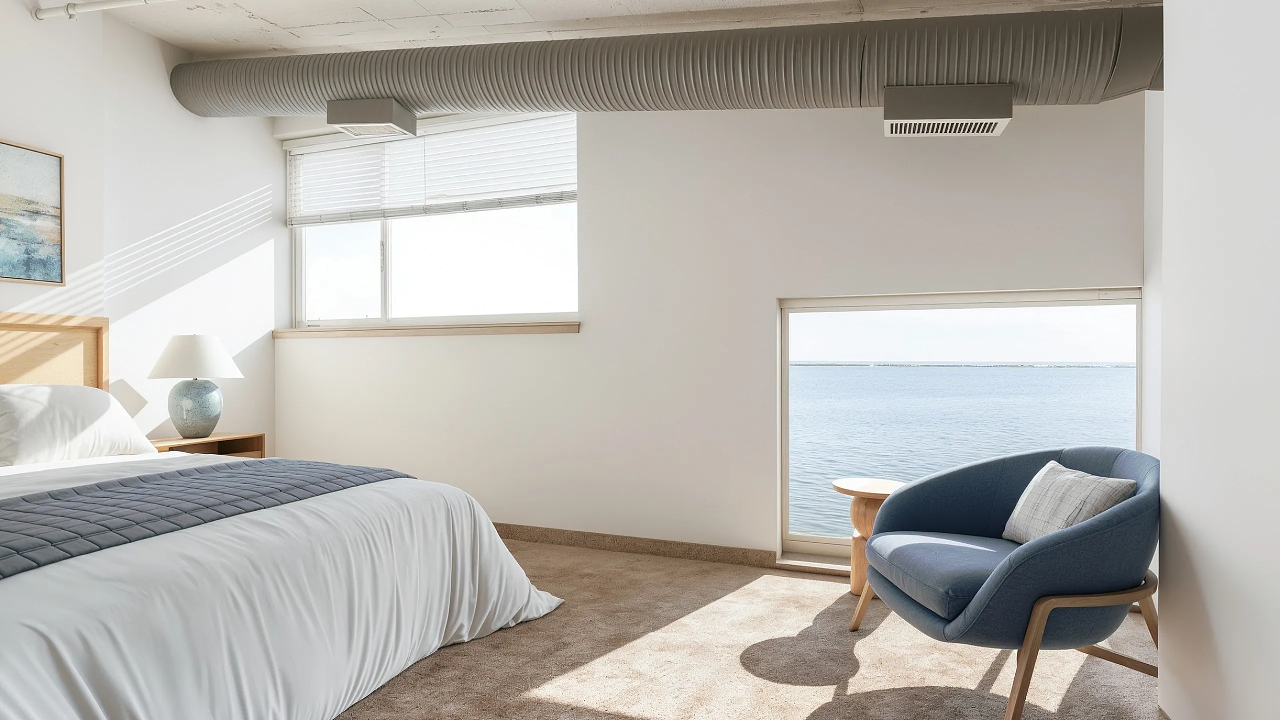 Bright and airy bedroom with modern decor, featuring a cozy armchair by a large window with a stunning ocean view.
