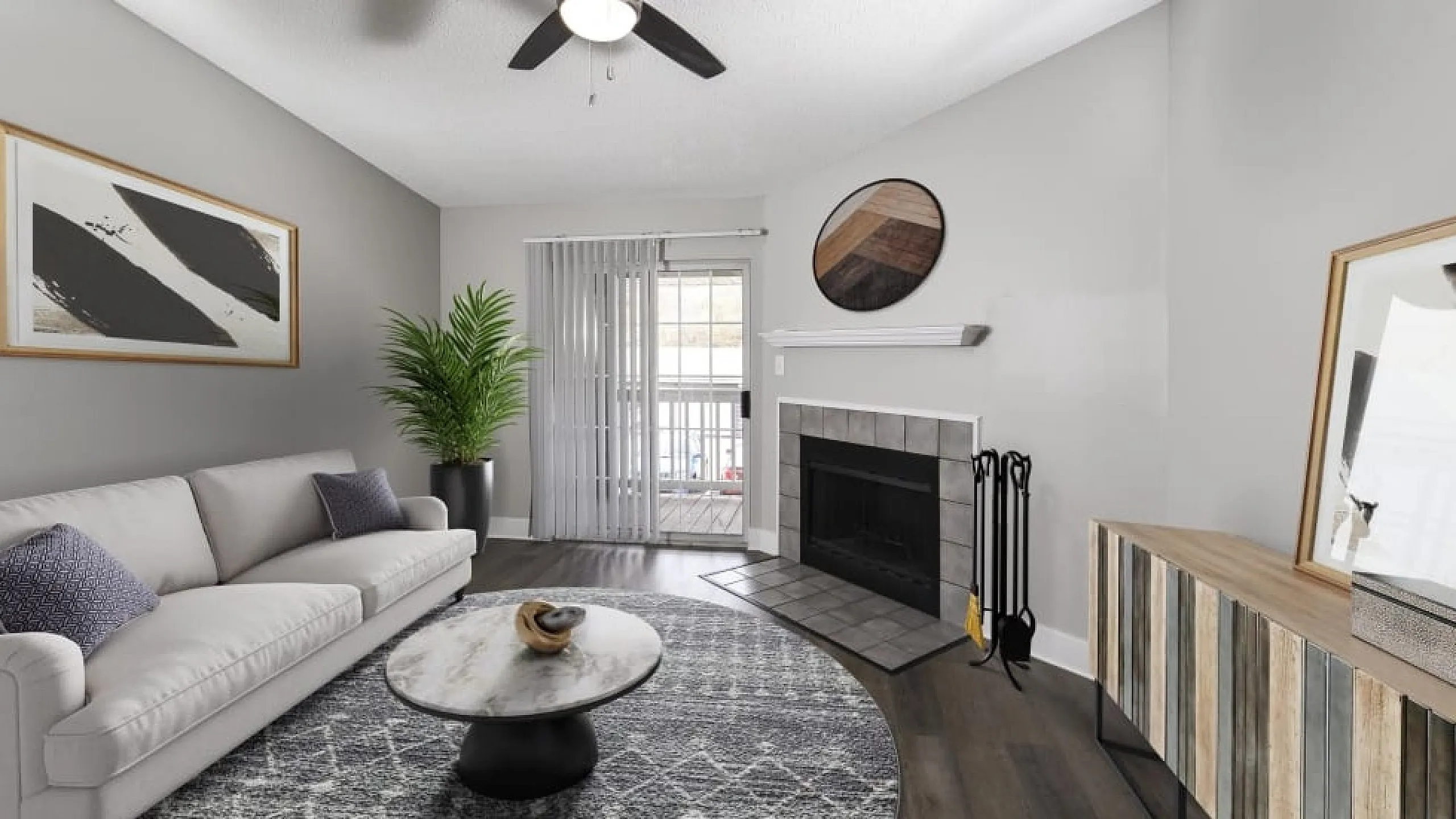 Modern living room featuring a plush sofa, stylish coffee table, sleek fireplace, and elegant decor with abundant natural light.