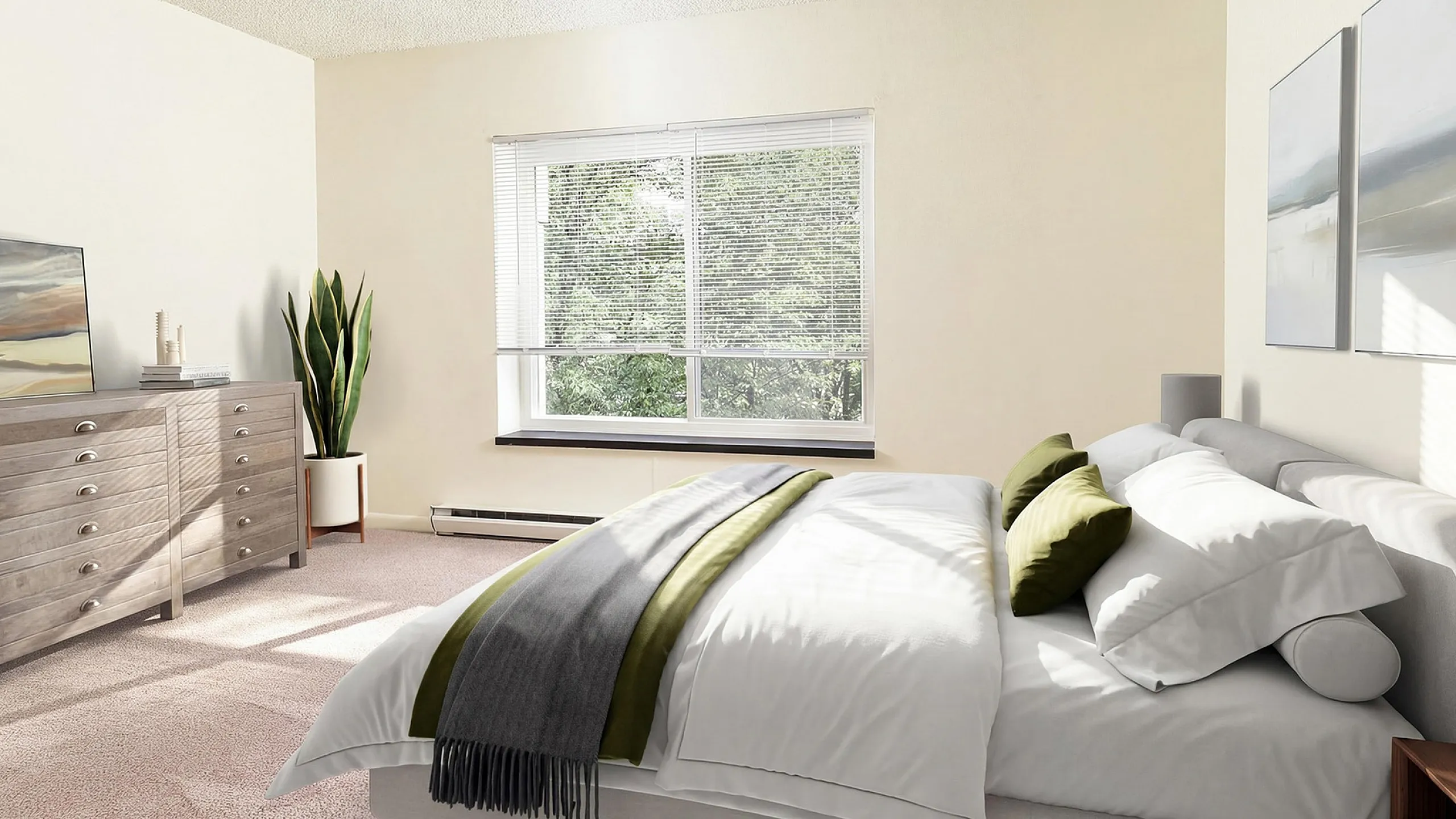 Bright and airy bedroom featuring a cozy bed, stylish decor, large window, and soft carpeting.