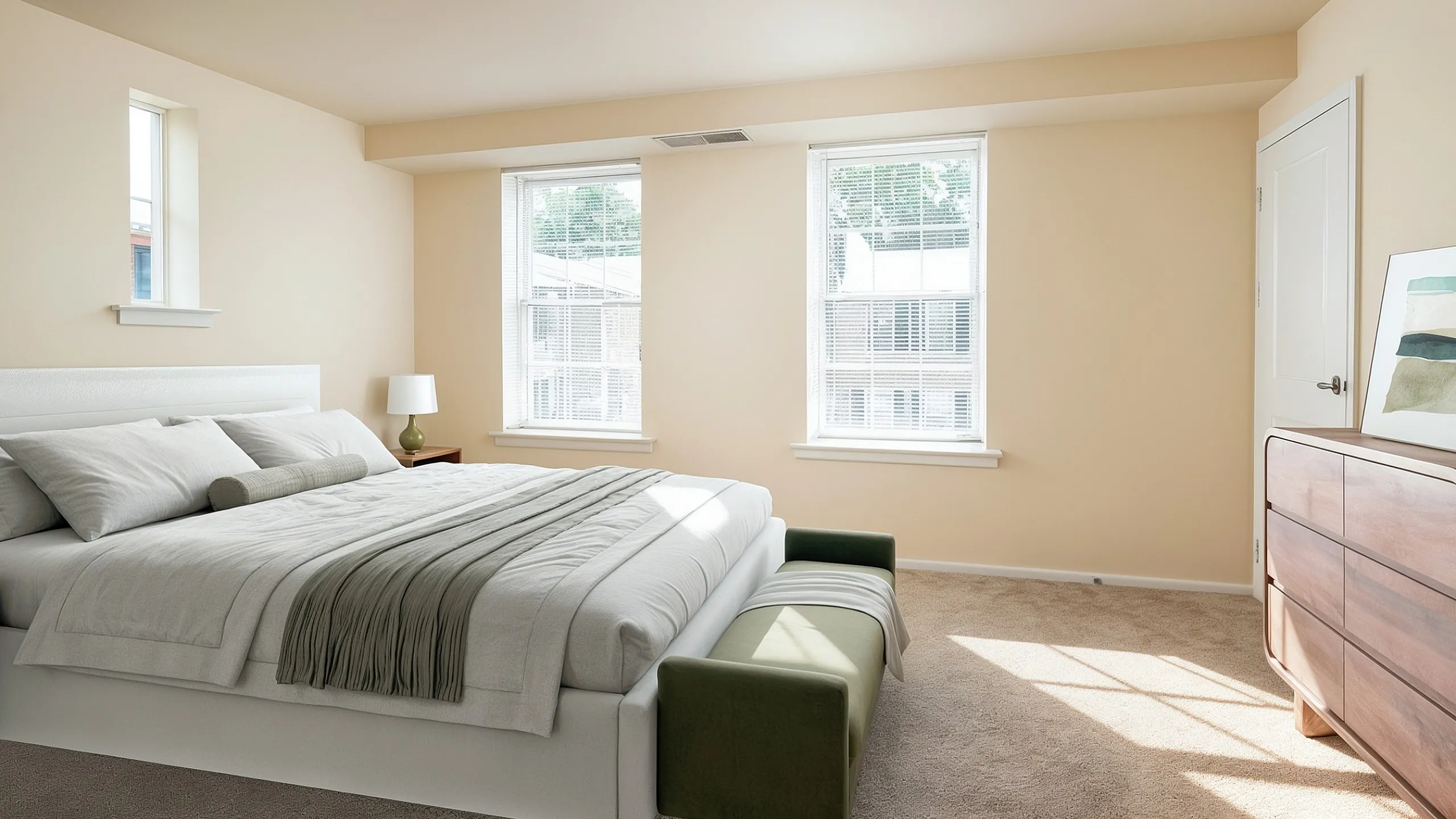 Bright and inviting bedroom boasting large windows, plush carpeting, and elegant furnishings for a cozy yet stylish retreat.
