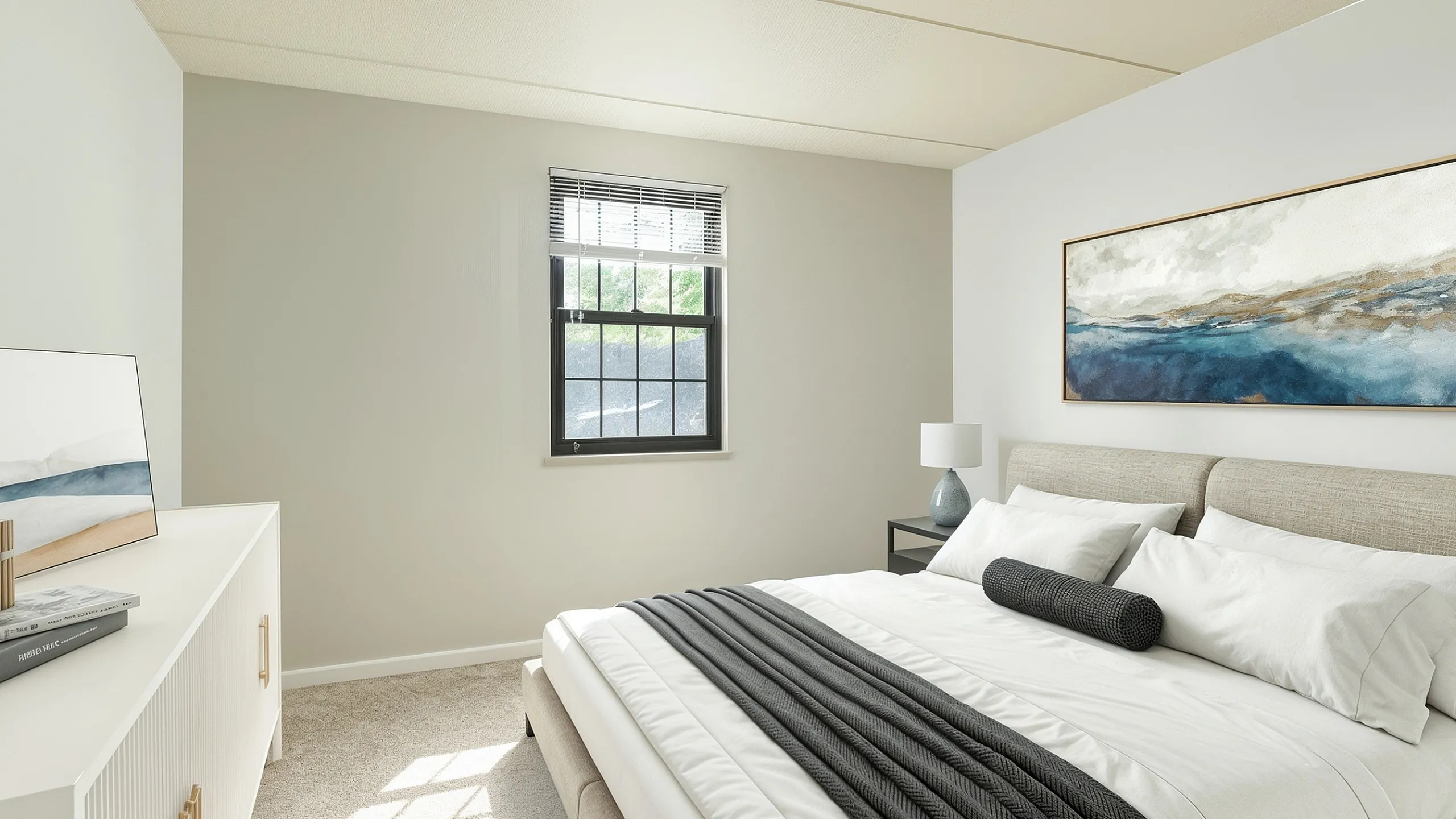 Bright and elegant bedroom with a large window, cozy bed, modern decor, and stylish artwork creating a serene atmosphere.