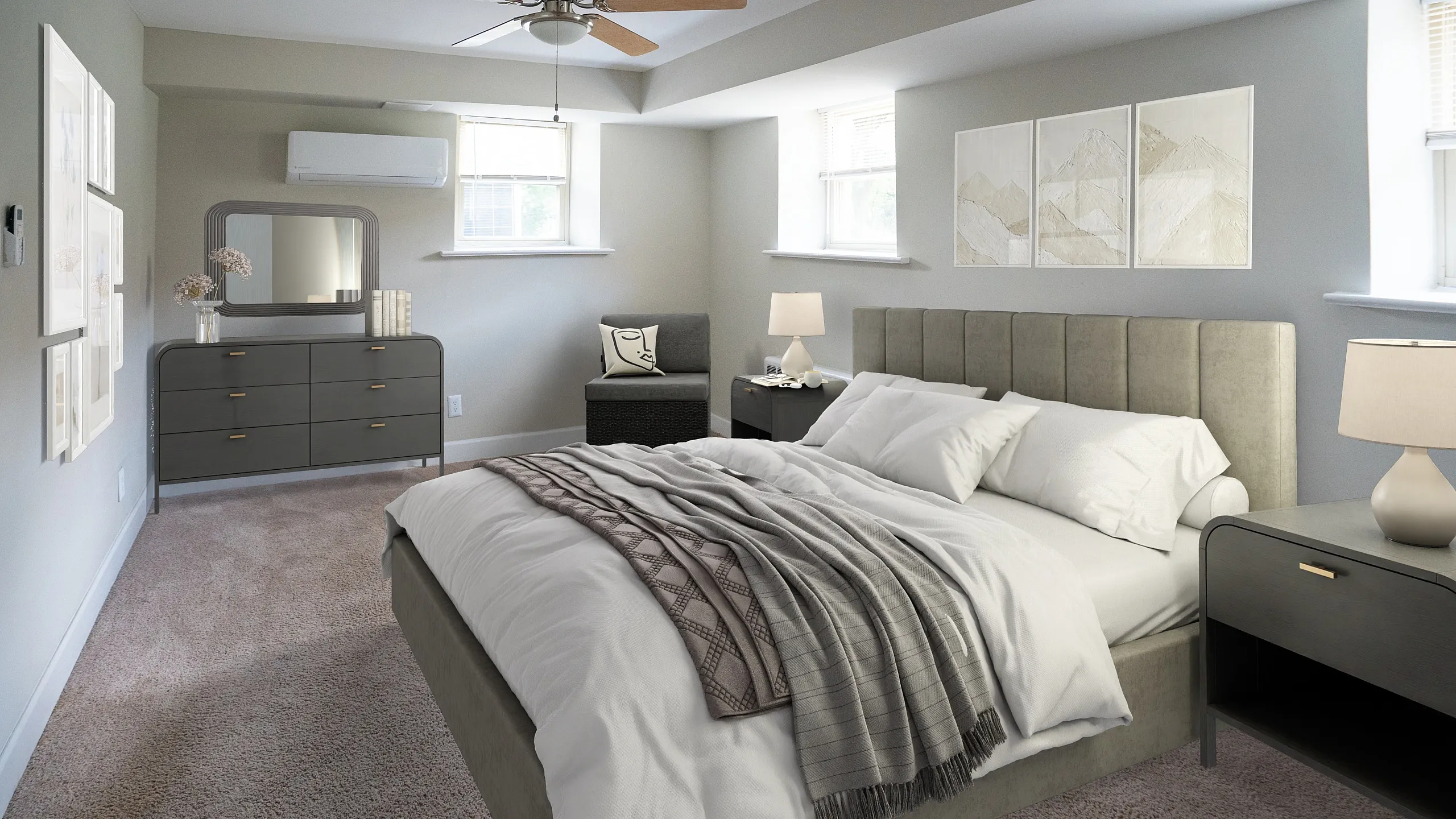 Elegant bedroom featuring a plush bed with cozy linens, stylish gray dresser with mirror, and modern decor against soft gray walls, perfect for relaxation.