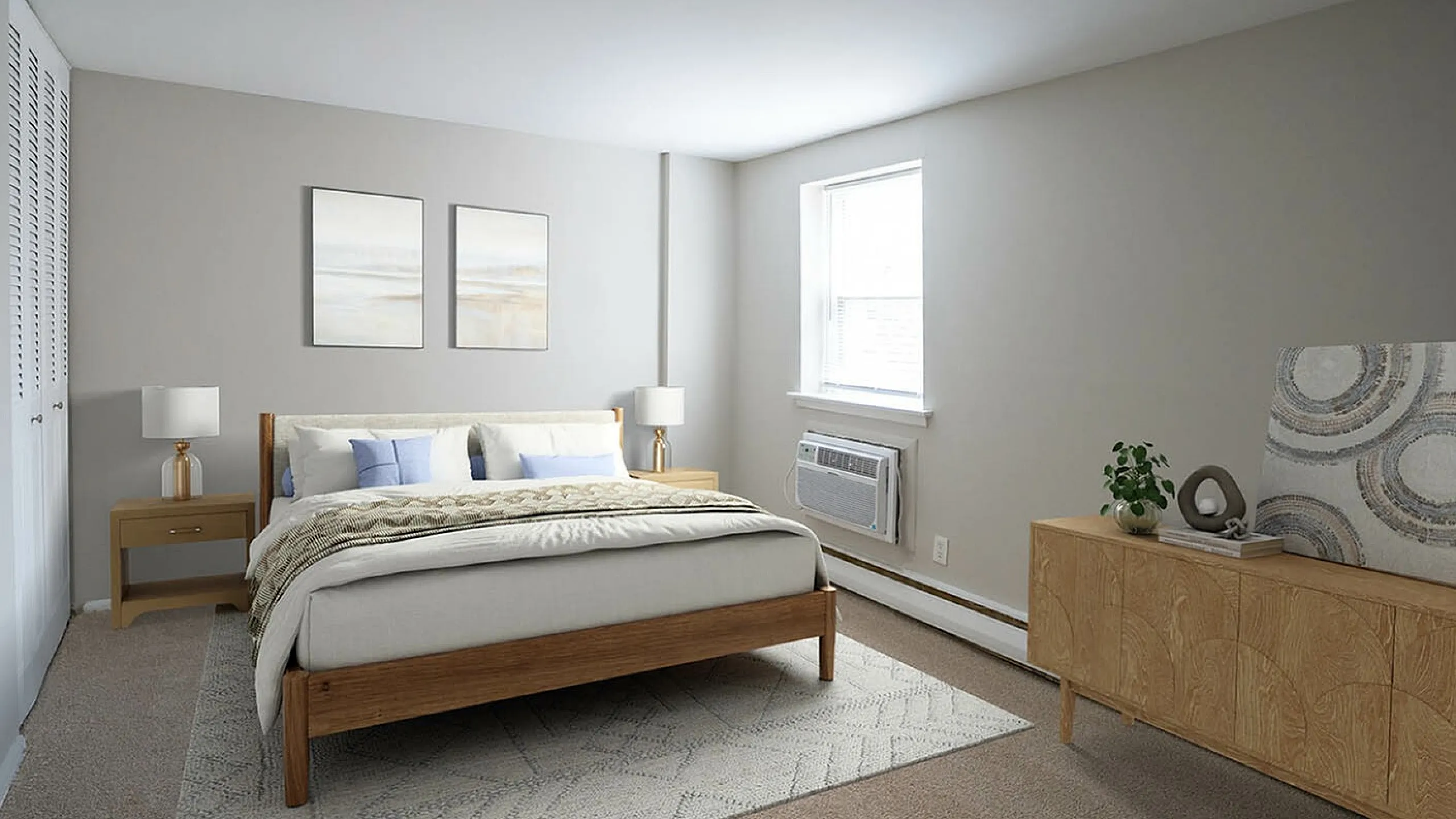 Elegant bedroom with a cozy queen-sized bed, modern decor, soft carpeting, and abundant natural light from a large window.