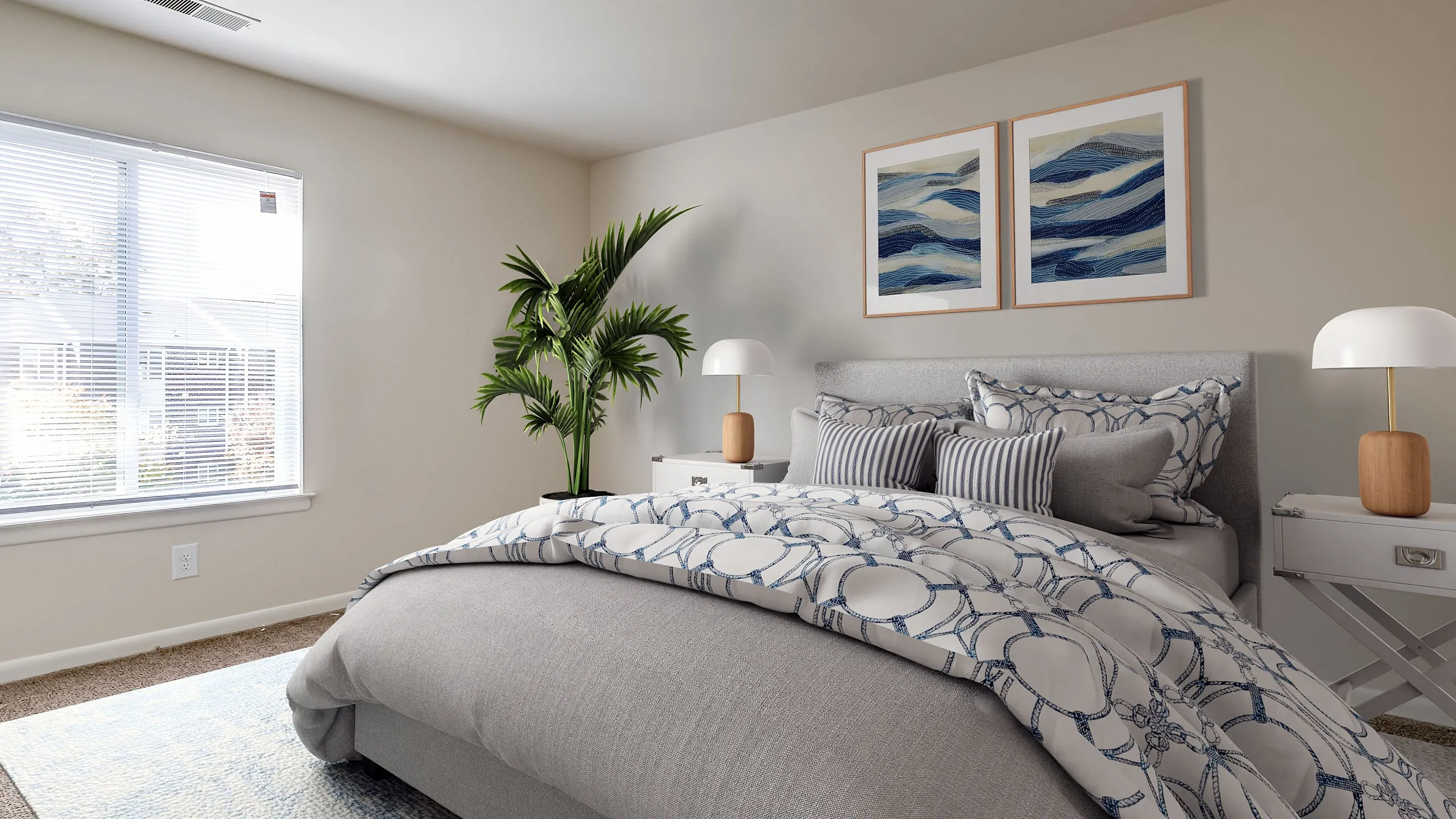 Bright and cozy bedroom with elegant decor, featuring a plush bed, modern lamps, and a serene nature view through a large window.