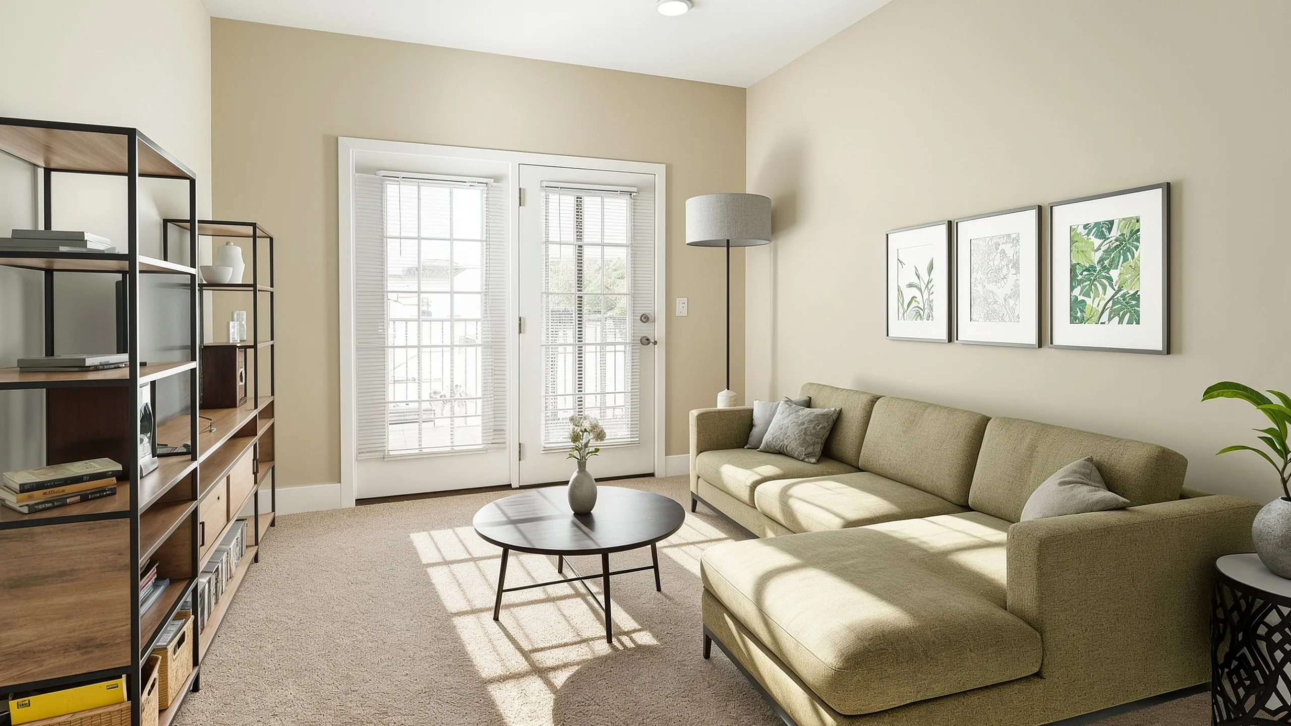 Bright and modern living room with stylish decor, featuring a cozy green sectional sofa, elegant artwork, and abundant natural light from large French doors.