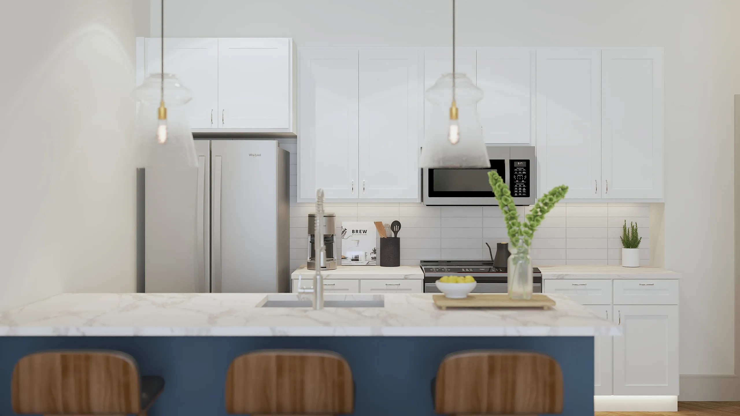 Chic modern kitchen with sleek white cabinets, stainless steel appliances, and inviting breakfast bar with stylish pendant lights.