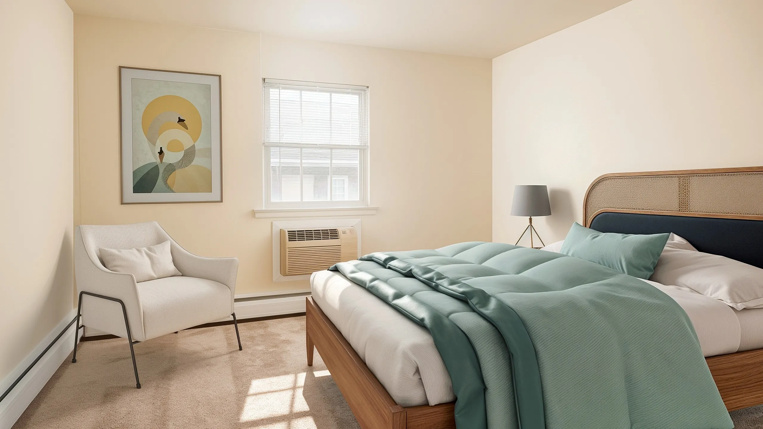 Inviting bedroom with cozy duvet, elegant armchair, modern art, and soft natural light.