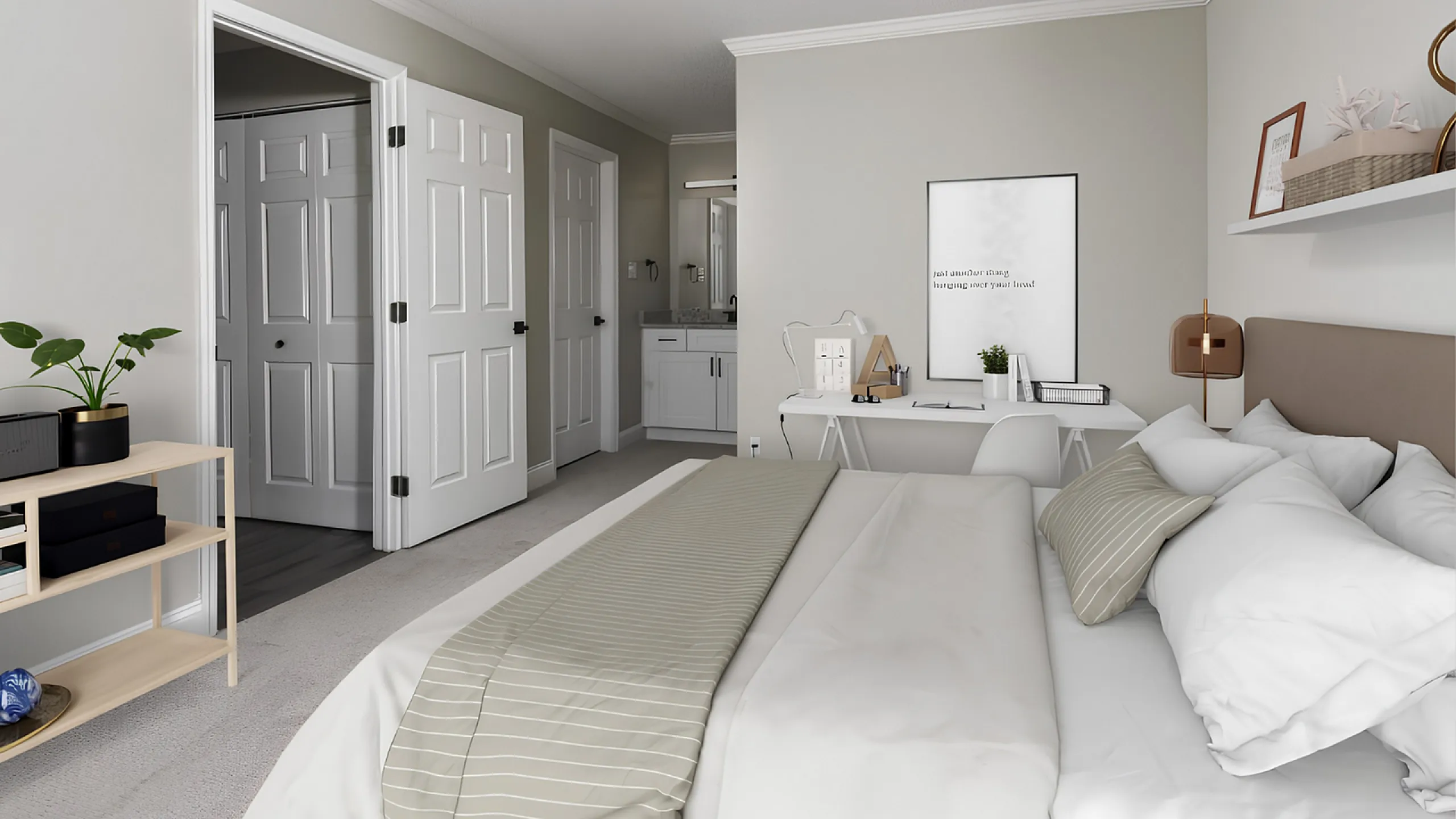 Luxurious bedroom with soothing neutral tones, elegant decor, and a sleek desk area for productivity.