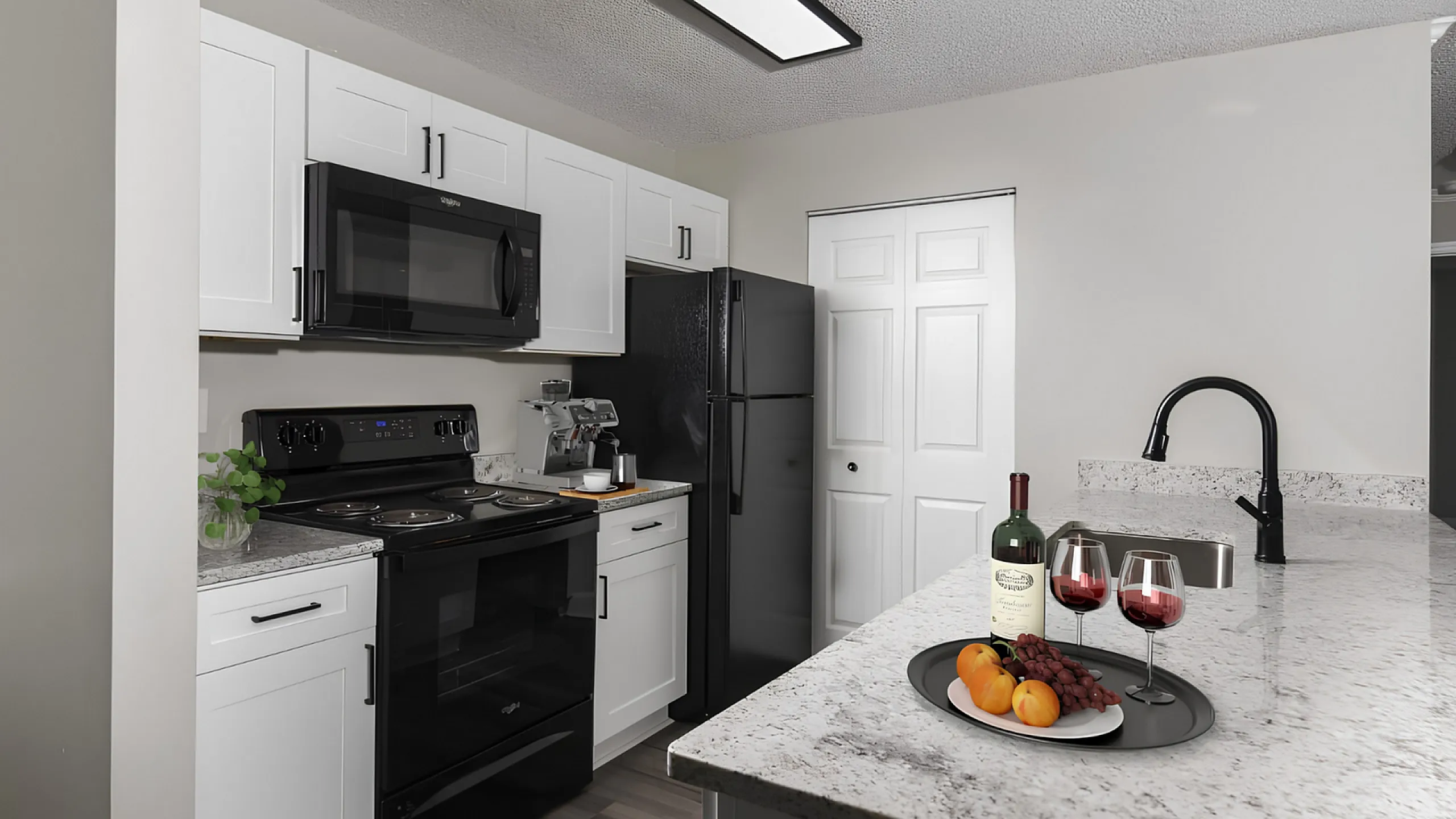 Modern kitchen with sleek black appliances, elegant white cabinetry, and a stylish granite countertop featuring a chic wine and fruit display.