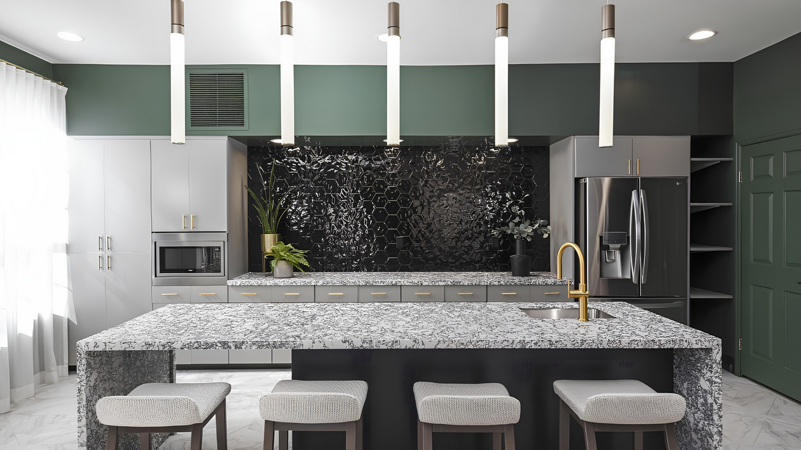 Modern kitchen with sleek cabinetry, marble island, and stylish pendant lighting.