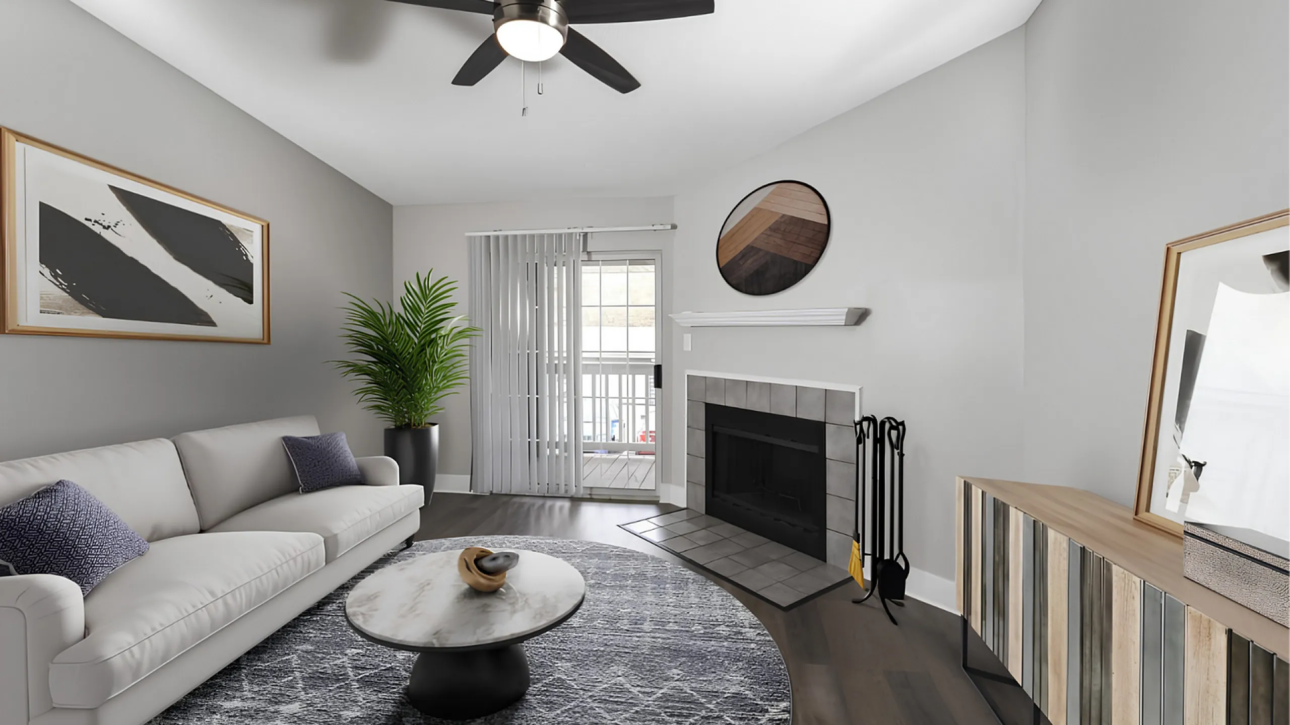 Chic living room showcasing modern design with a cozy fireplace, elegant white sofa, and stylish decor.