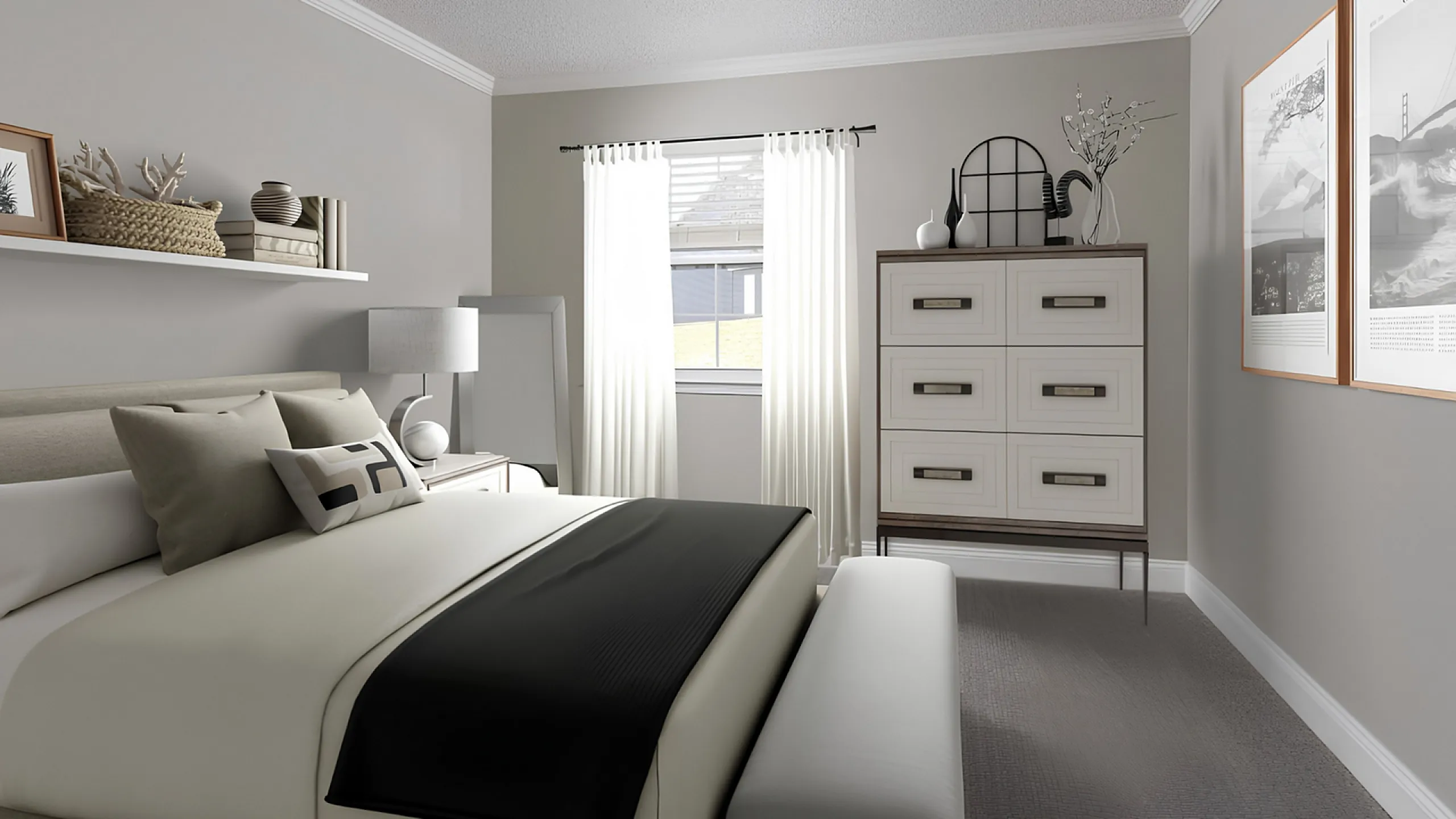 Elegant bedroom with modern decor, featuring a cozy bed, stylish dresser, and abundant natural light through sheer curtains.