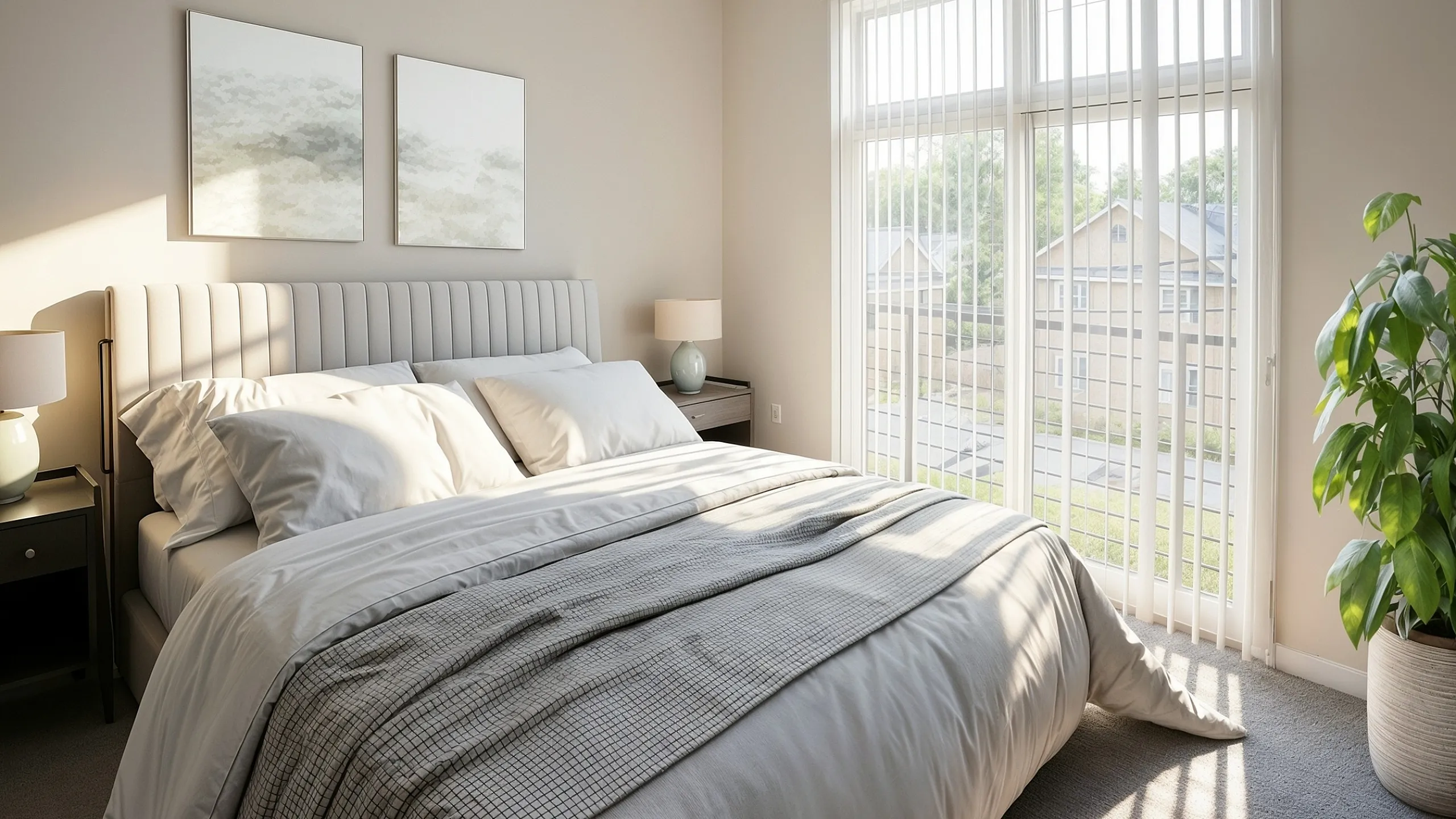 Sunlit bedroom oasis with plush bed, elegant decor, and large windows overlooking serene greenery.
