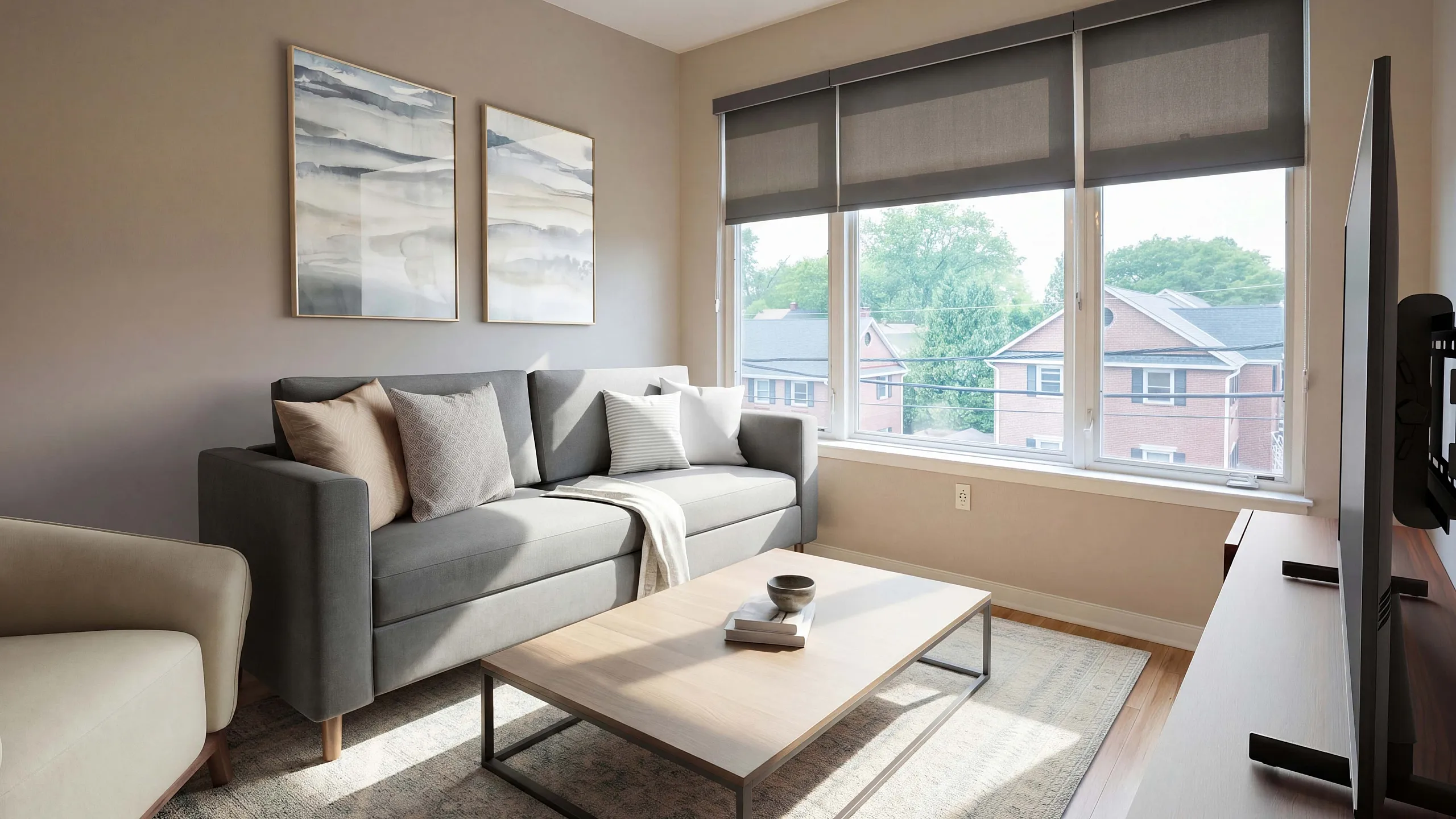 Bright and inviting living room with modern decor, featuring a cozy gray sofa, large windows with serene views, and elegant artwork.