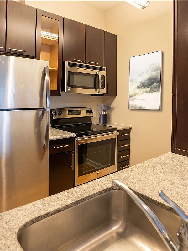 Modern kitchen with sleek stainless steel appliances, granite countertops, and rich wood cabinetry, offering a stylish and functional culinary space.