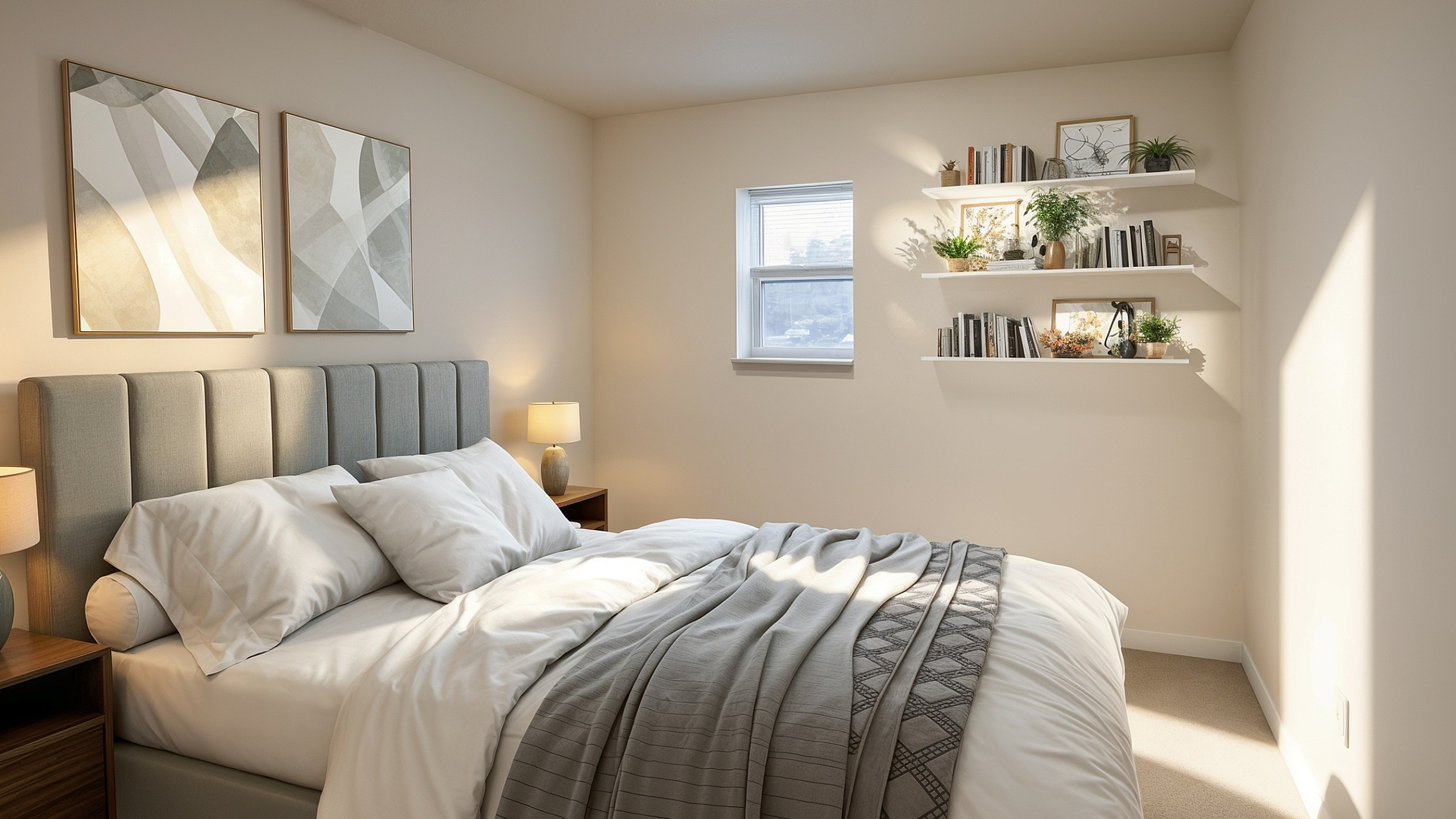 Cozy bedroom with soft natural lighting, modern decor, and elegant wall shelves filled with books and plants.