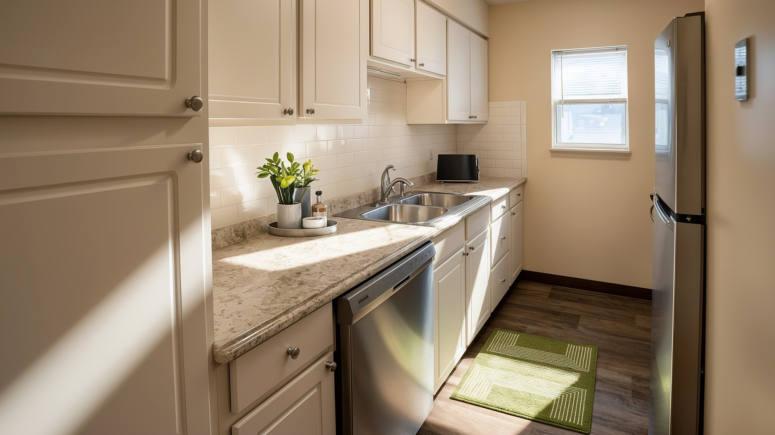 Bright and modern kitchen with sleek stainless steel appliances, elegant white cabinetry, and warm natural light.