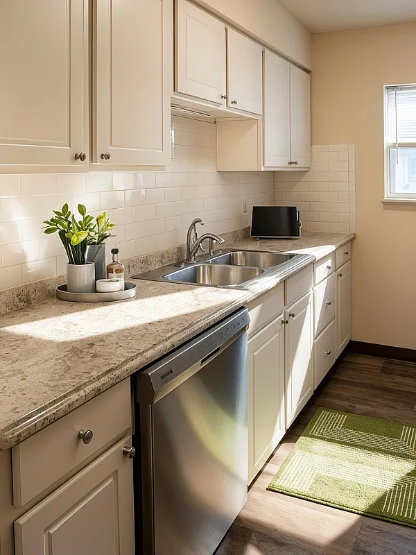 Bright and modern kitchen with elegant white cabinets, sleek stainless steel appliances, and warm natural lighting.