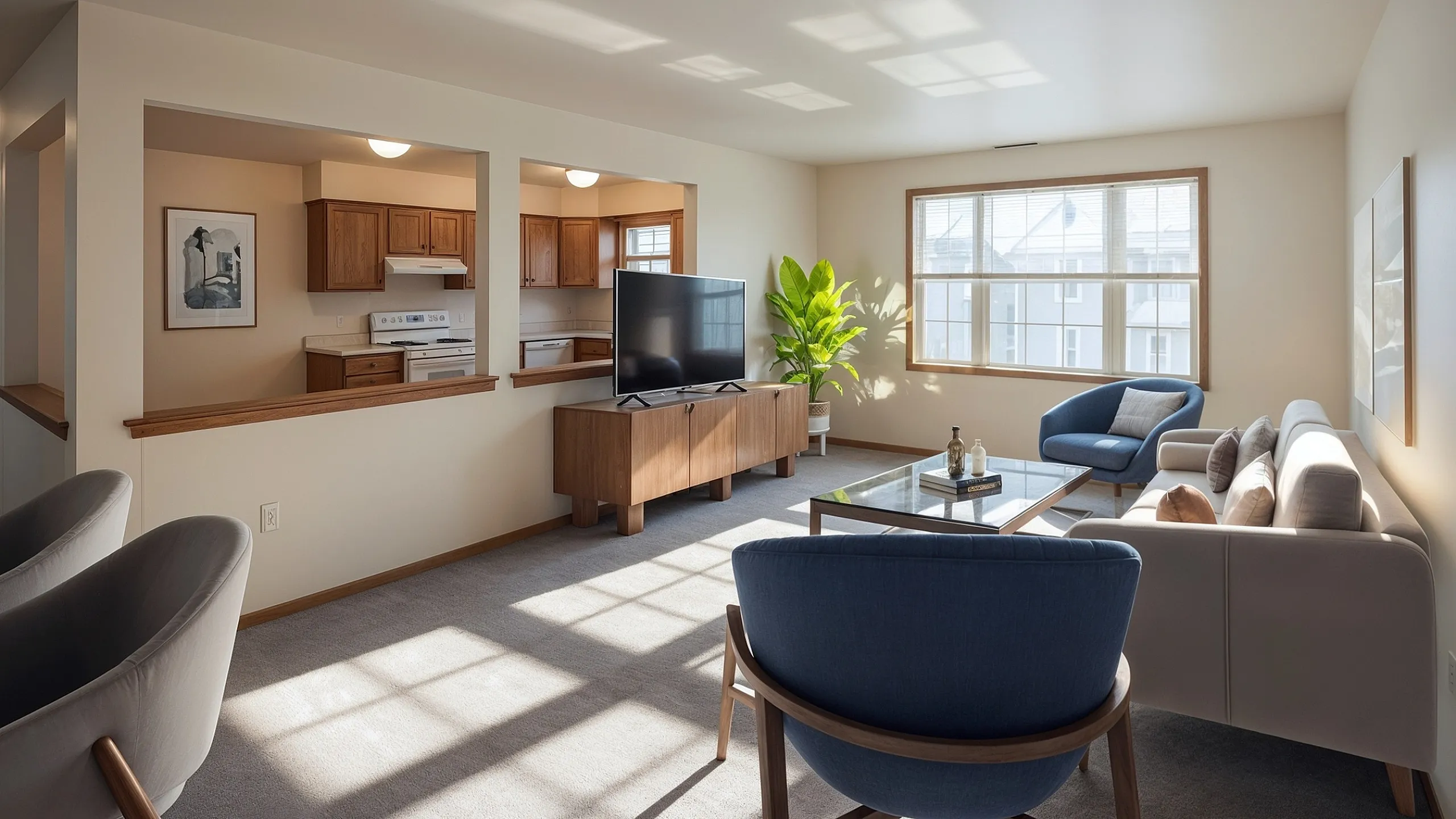 Bright and inviting apartment living room with modern furnishings, open kitchen, and large window offering ample natural light.