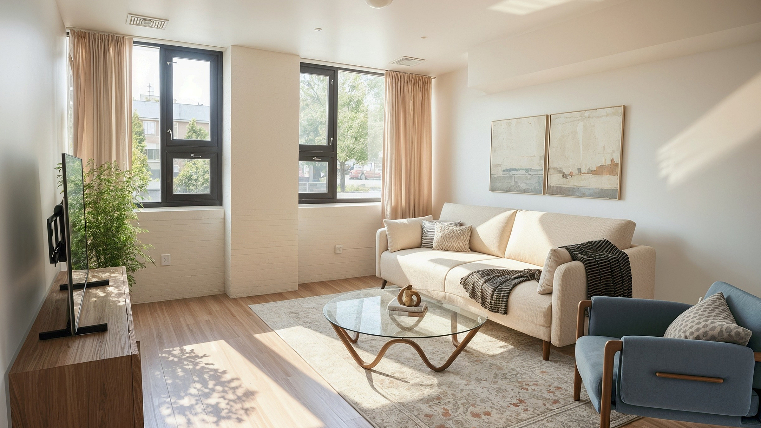 Bright and inviting living room with modern decor, featuring a cozy beige sofa, elegant glass coffee table, and abundant natural light from large windows.