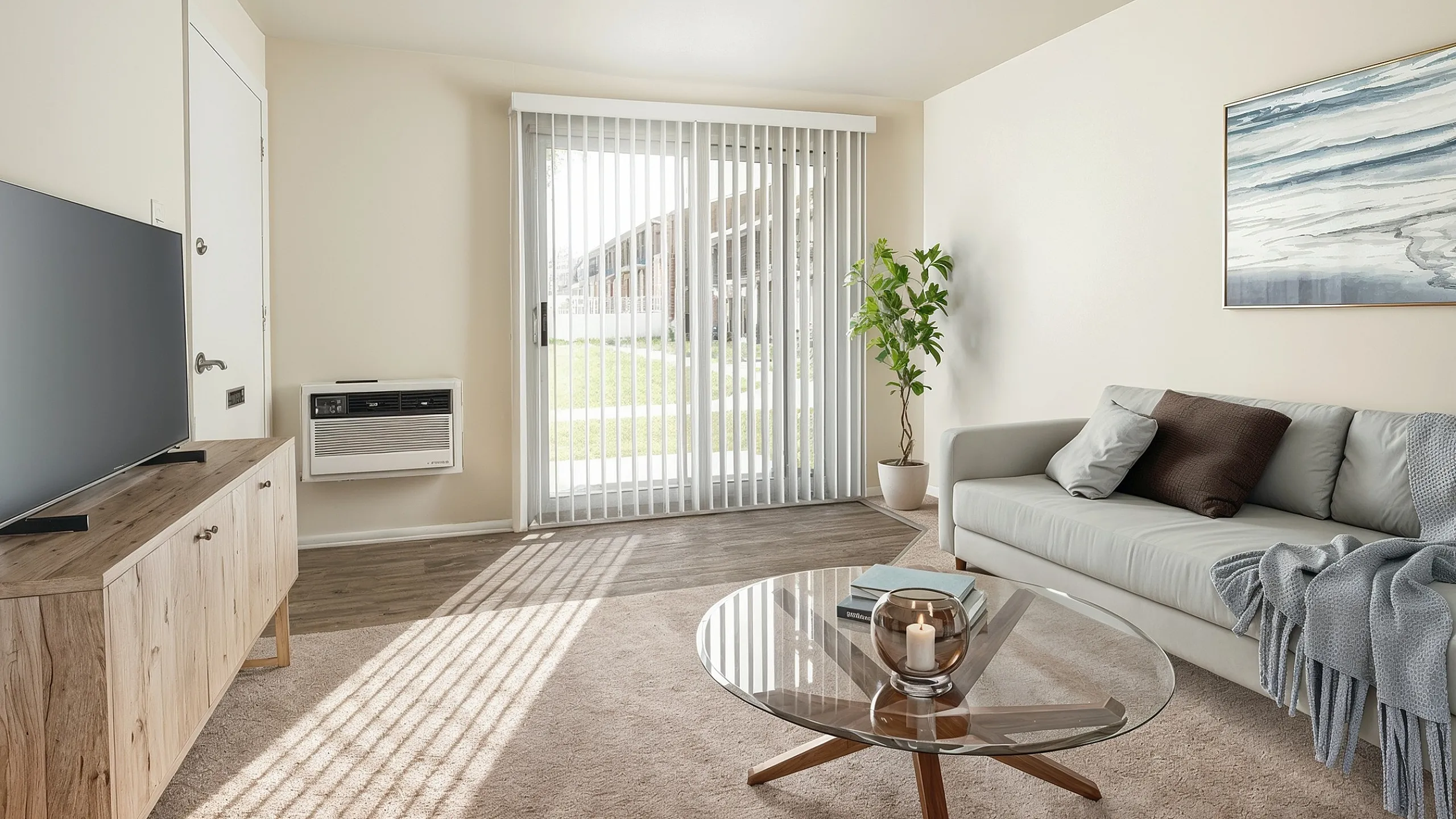 Bright and airy living room with modern decor, featuring a cozy sofa, sleek glass coffee table, and natural light from large sliding doors opening to a lush outdoor view.