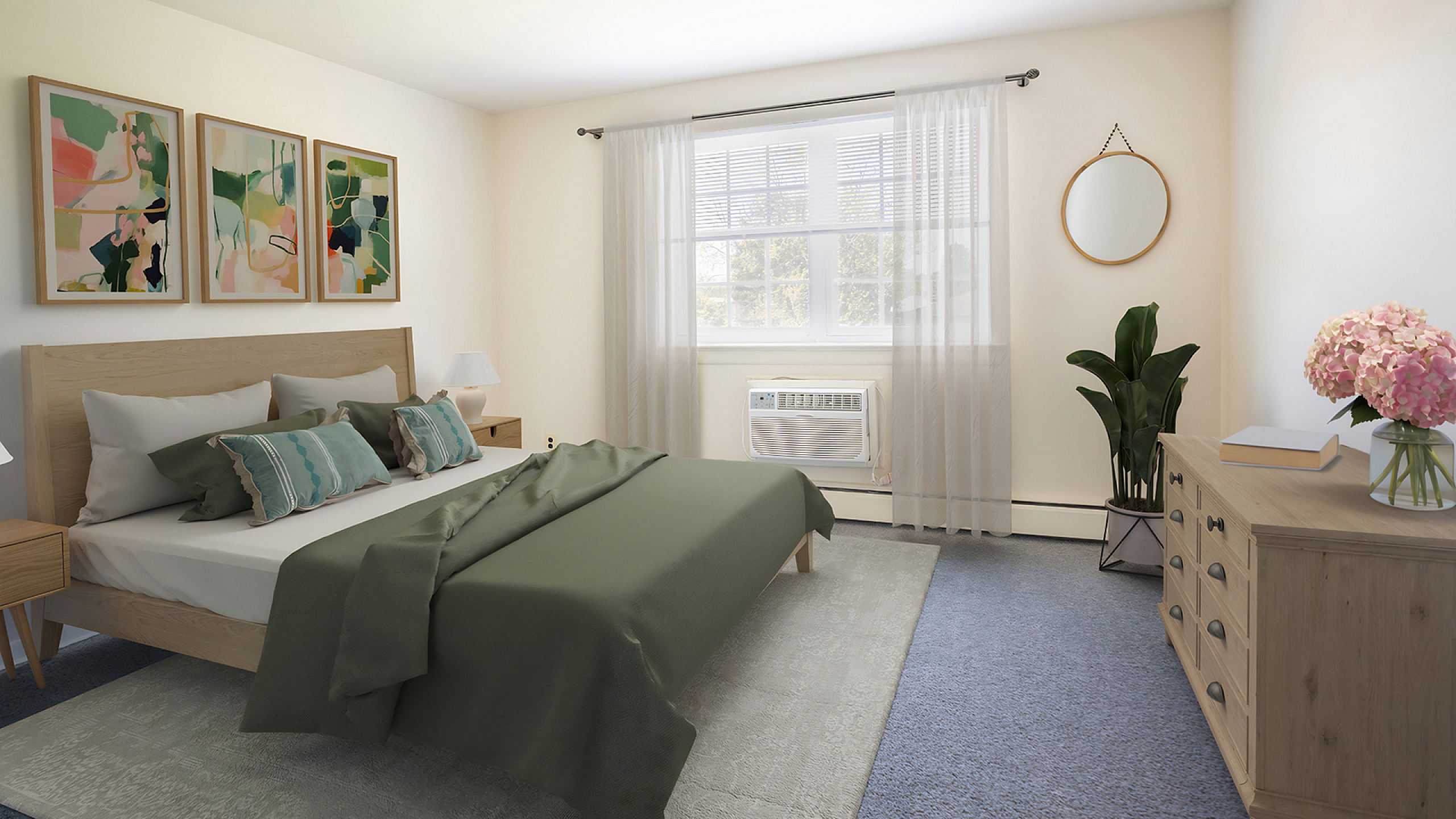Bright and inviting bedroom with modern decor, featuring a cozy bed with green accents, elegant artwork, and a refreshing plant by the window.