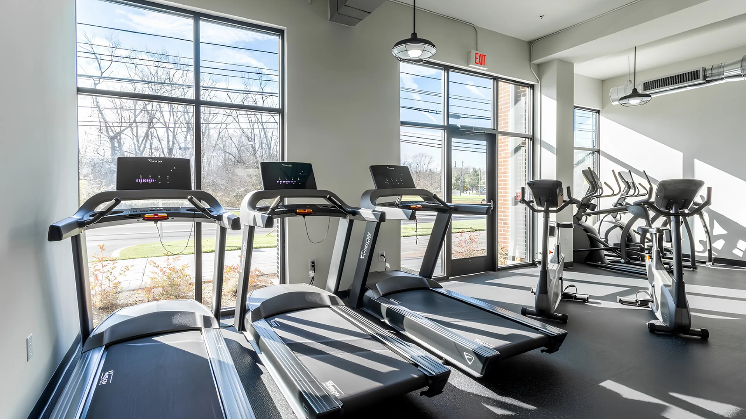 Bright and modern fitness center with sleek treadmills and stationary bikes, featuring large windows for natural light and scenic views.